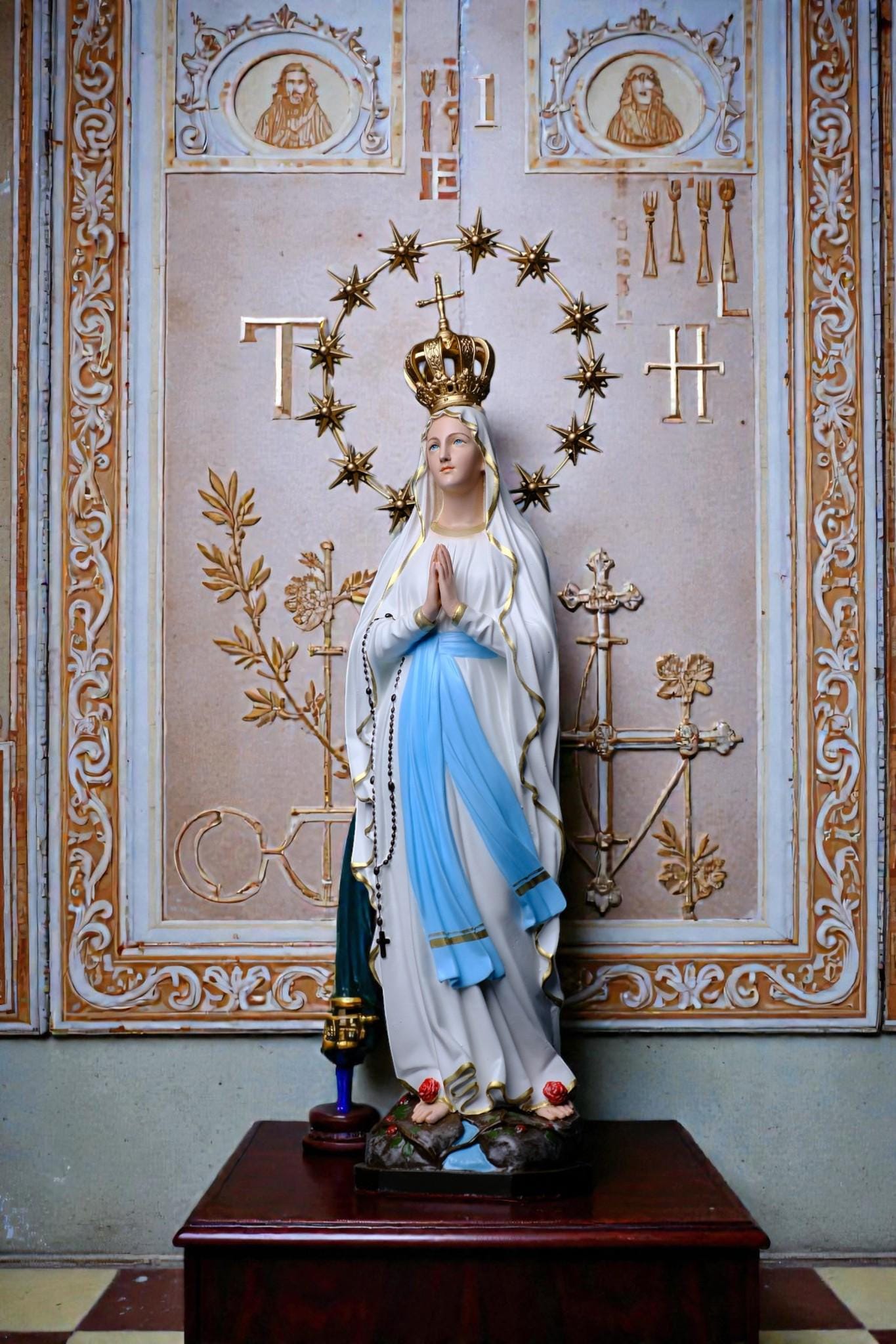 Our Lady of Lourdes Statue 30cm Catholic Home Altar Decor (Stone Powder, Metal Halo) (etsy image id: 7876558563)