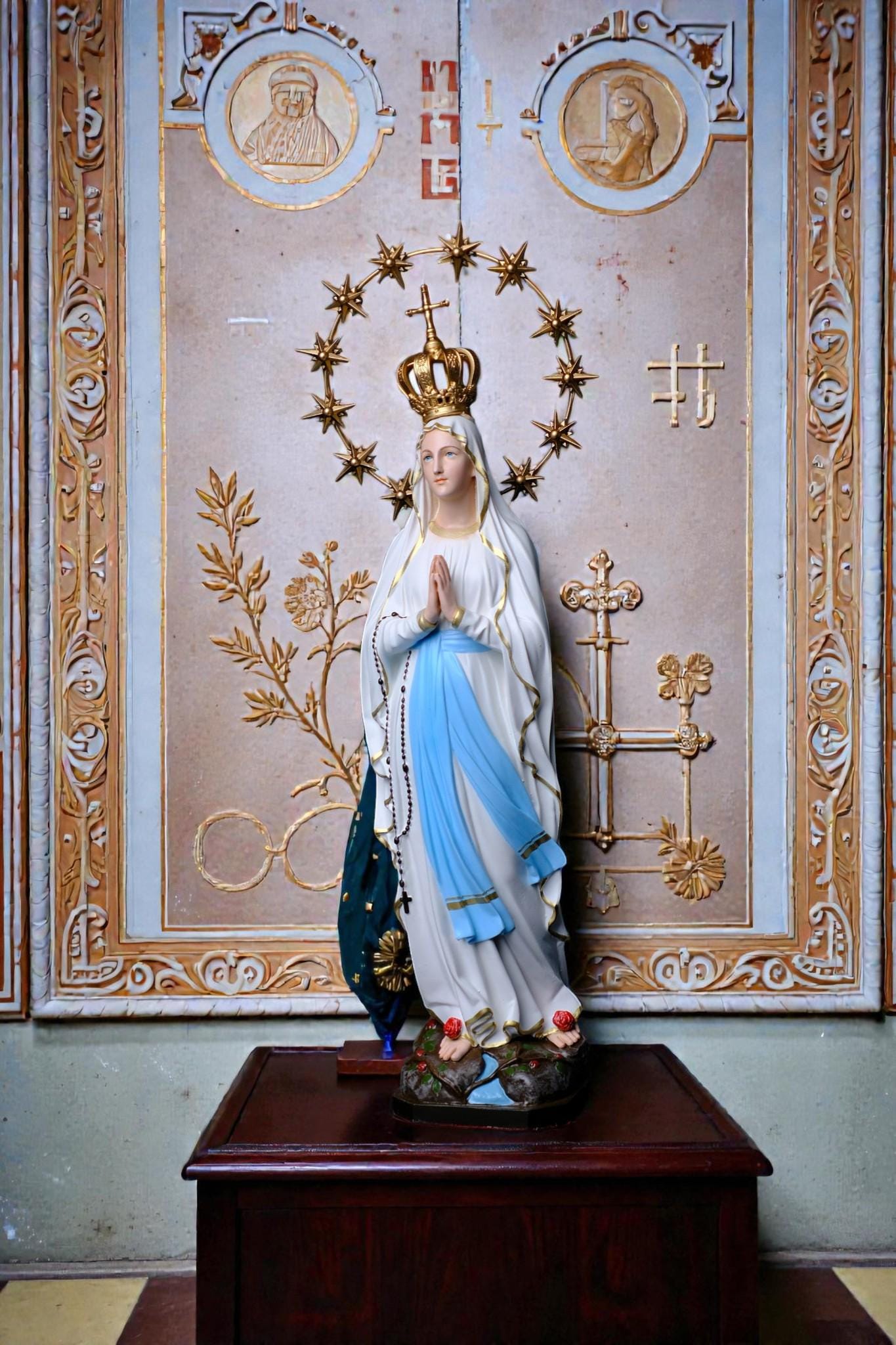 Our Lady of Lourdes Statue 30cm Catholic Home Altar Decor (Stone Powder, Metal Halo) (etsy image id: 7876558593)