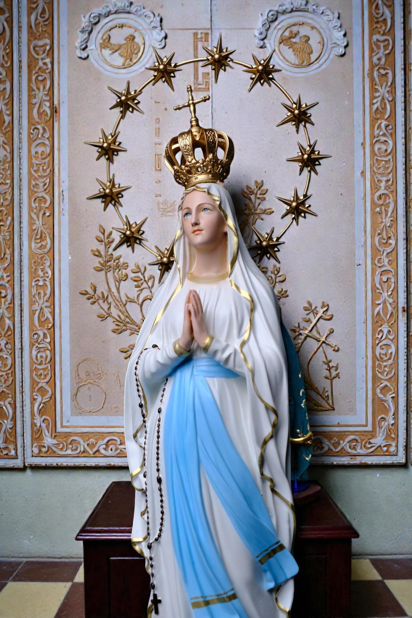 Our Lady of Lourdes Statue 30cm Catholic Home Altar Decor (Stone Powder, Metal Halo) (etsy image id: 7876558599)