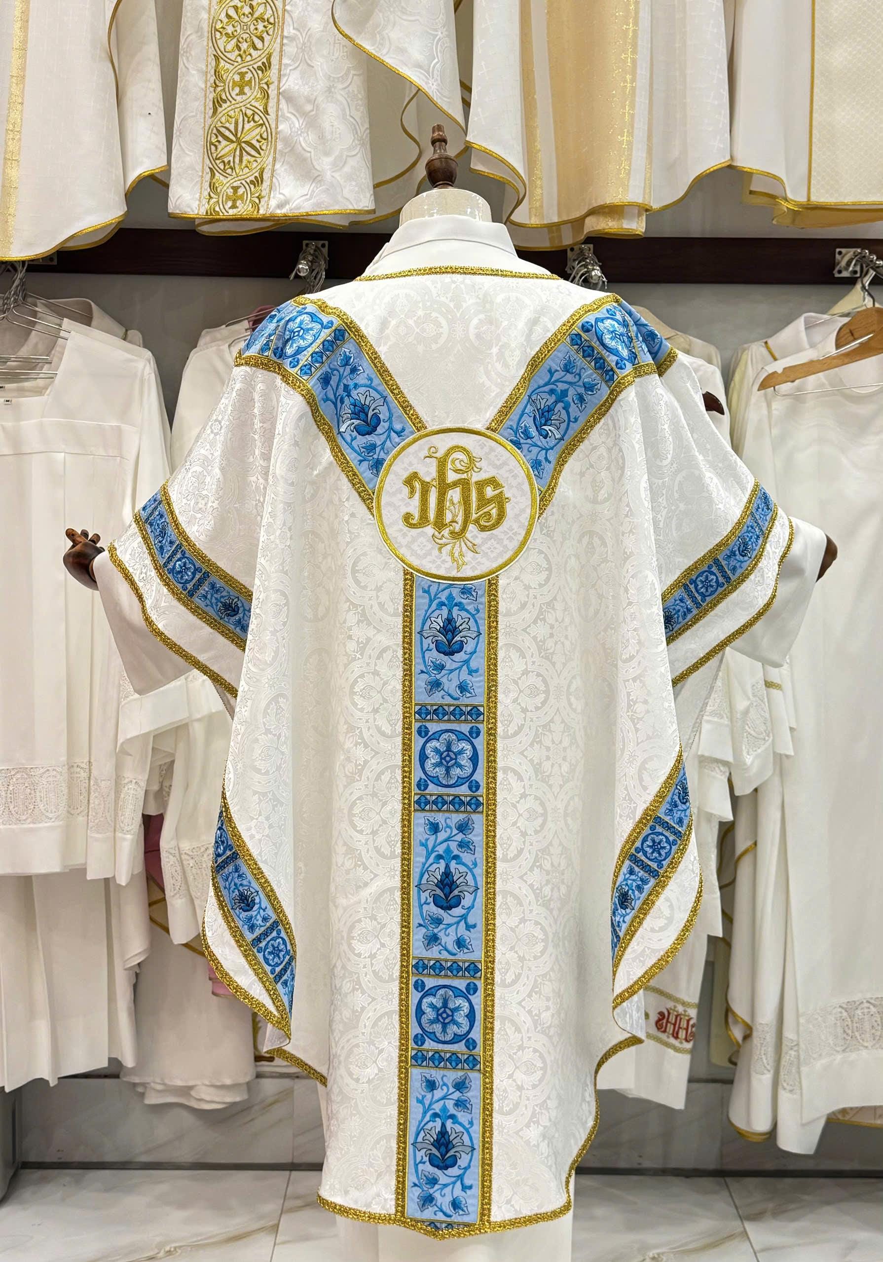 White Blue Gold Embroidered Chasuble: Priest Liturgical Vestment with IHS Symbol (etsy image id: 7913968506)