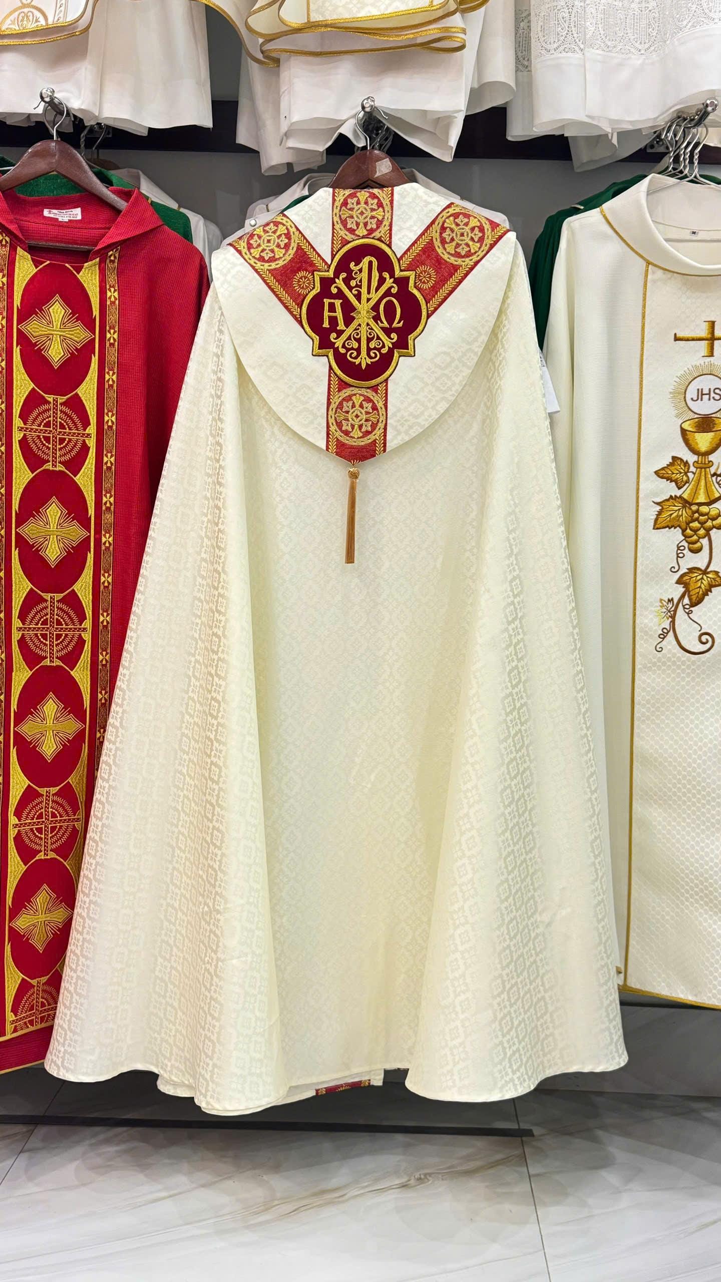 Custom Catholic Cope: White, Red, Gold Embroidered Clergy Vestment Cape (etsy image id: 7983477449)