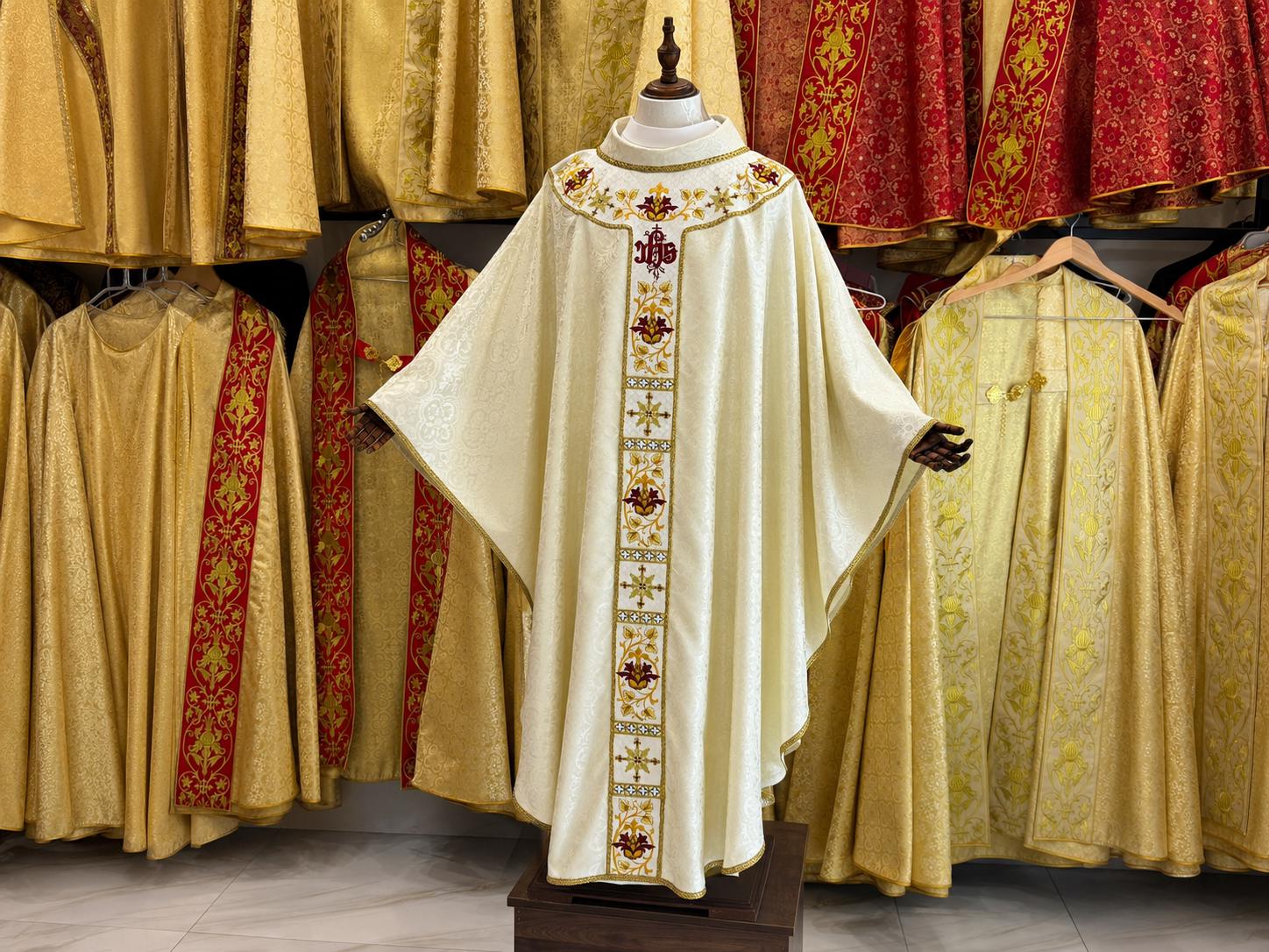White Gold Embroidered Catholic Chasuble: Custom Handmade Liturgical Vestment (etsy image id: 8023264996)