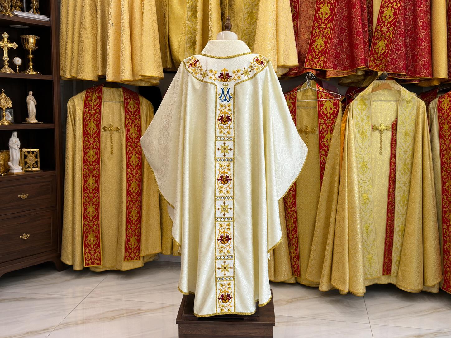 White Gold Embroidered Catholic Chasuble: Custom Handmade Liturgical Vestment (etsy image id: 8023265006)