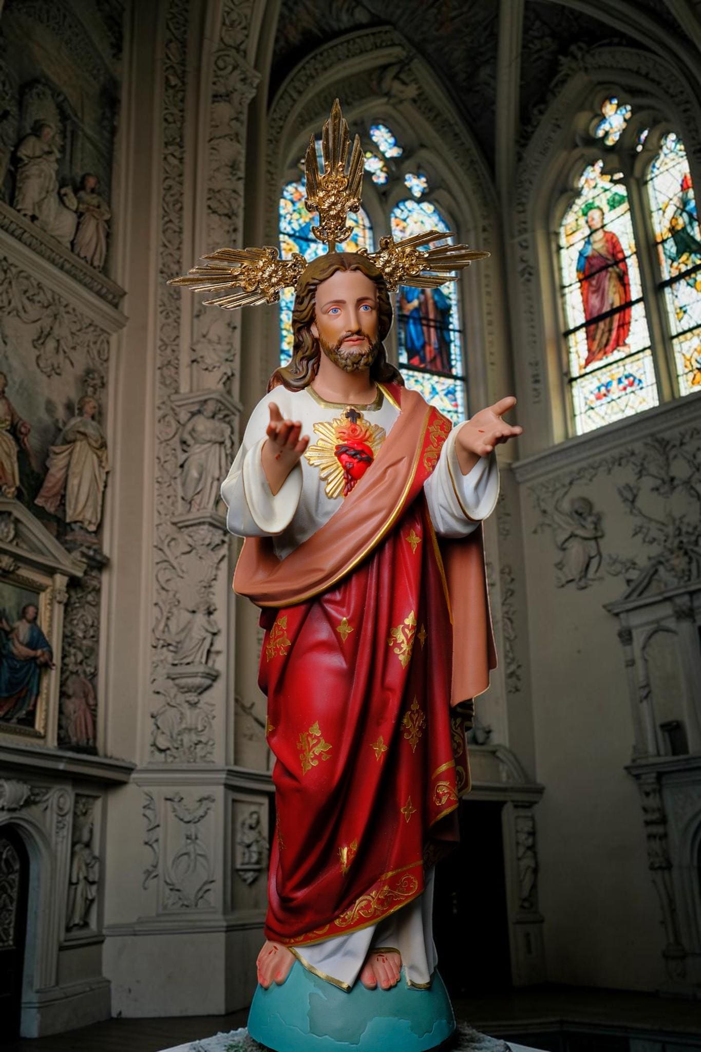 Hand-Painted Sacred Heart of Jesus Statue 40cm Catholic Religious Figurine Altar Decor __etsy:8089215800