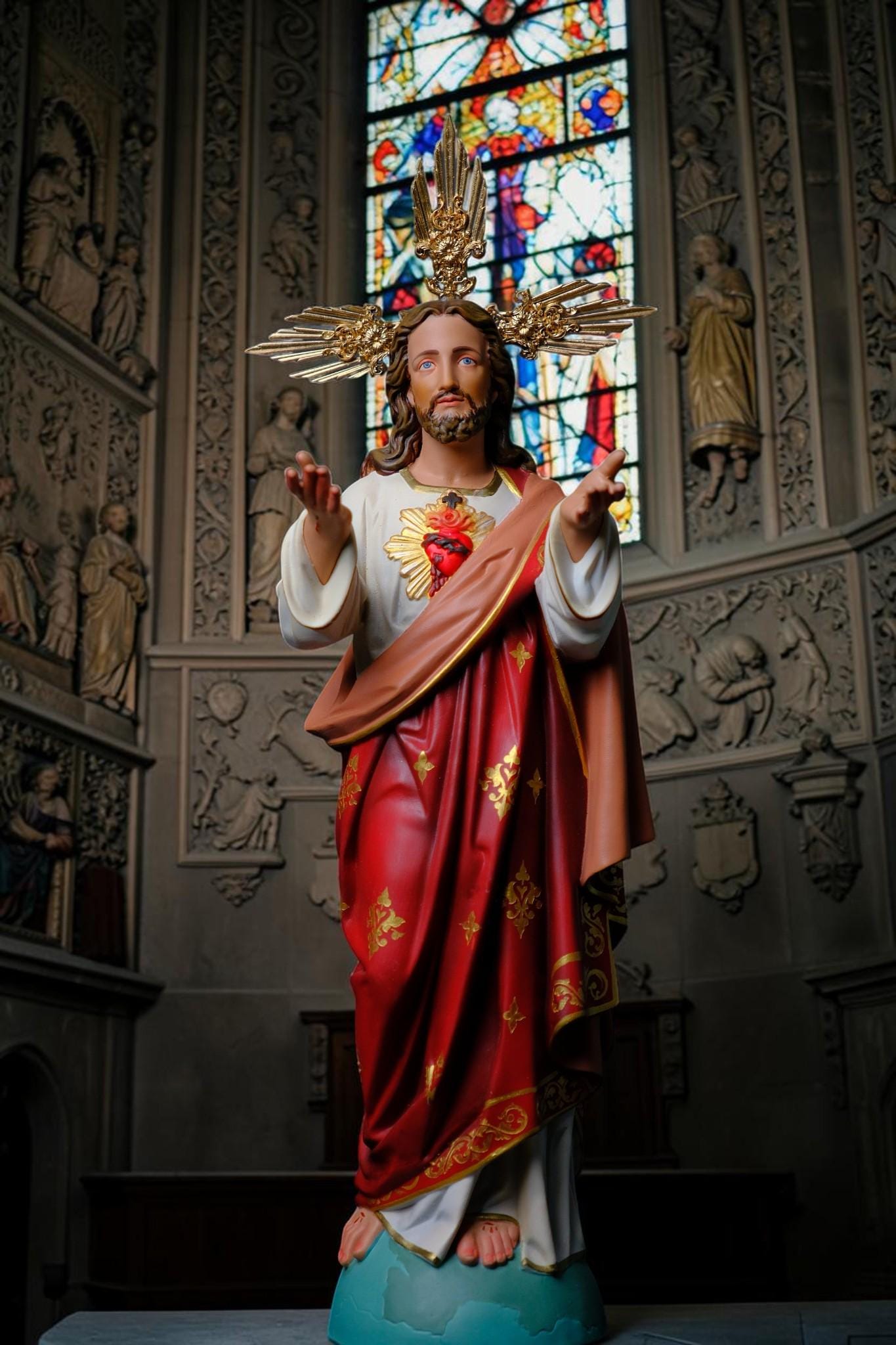 Hand-Painted Sacred Heart of Jesus Statue 40cm Catholic Religious Figurine Altar Decor __etsy:8137121329