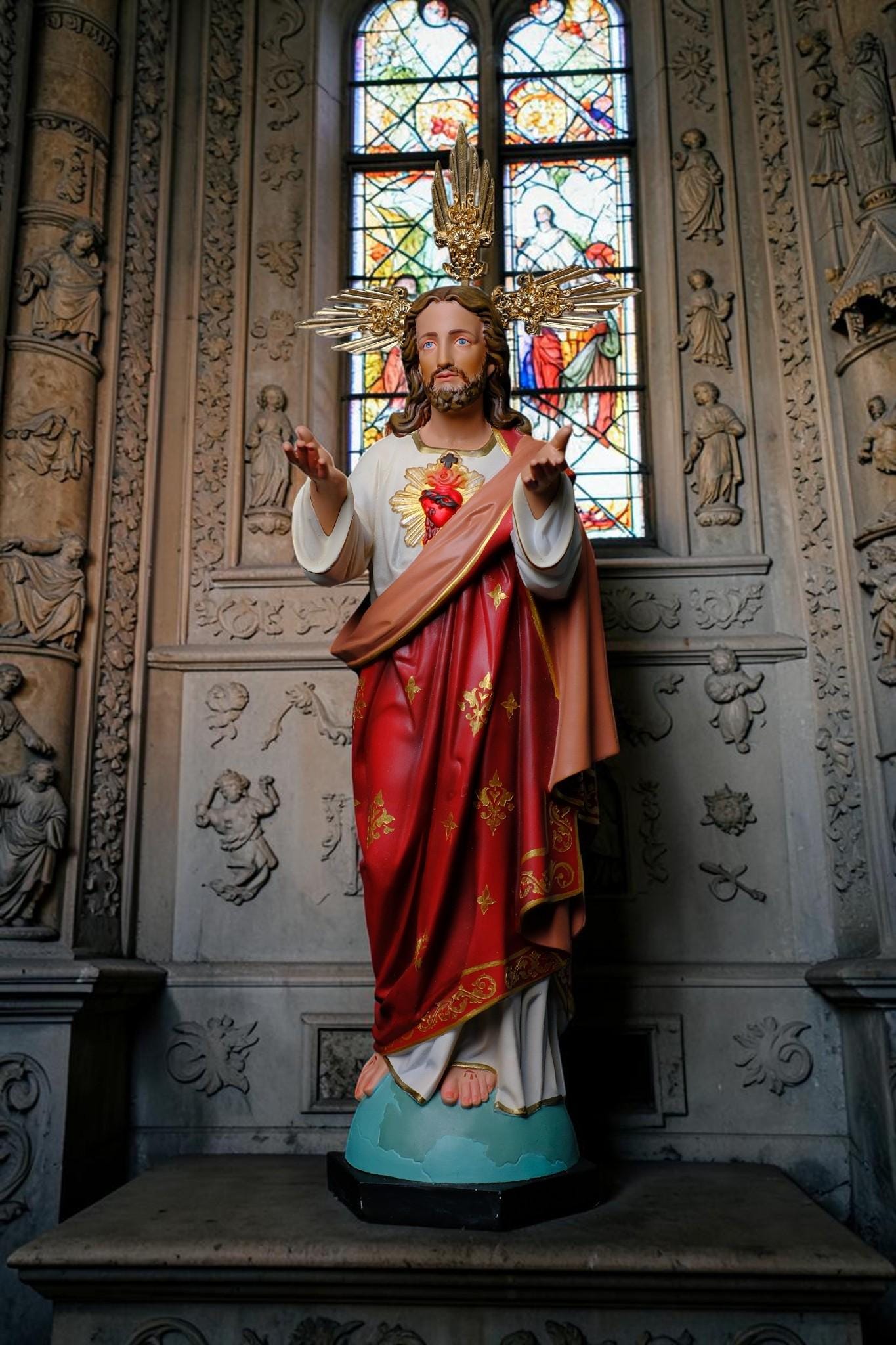 Hand-Painted Sacred Heart of Jesus Statue 40cm Catholic Religious Figurine Altar Decor __etsy:8137124437