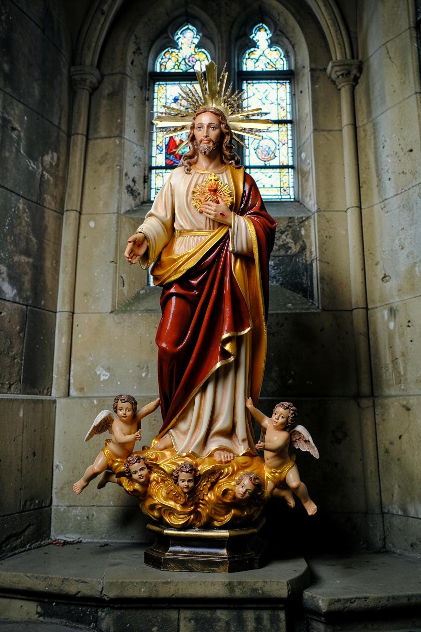 Handmade Sacred Heart of Jesus Statue with Angels – 60 cm Catholic Statue __etsy:8162457026