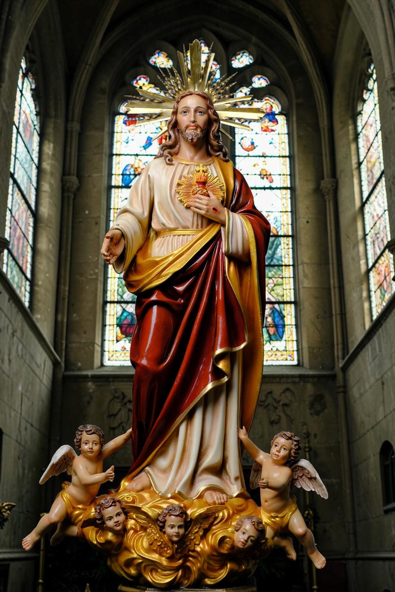 Handmade Sacred Heart of Jesus Statue with Angels – 60 cm Catholic Statue __etsy:8162457030