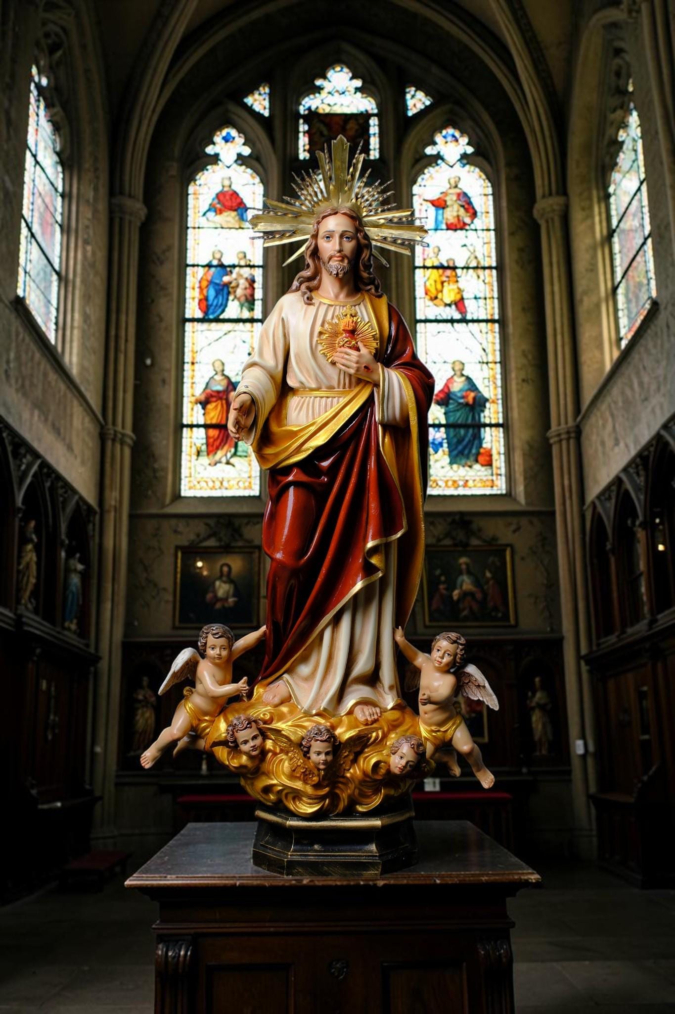 Handmade Sacred Heart of Jesus Statue with Angels – 60 cm Catholic Statue __etsy:8162457034