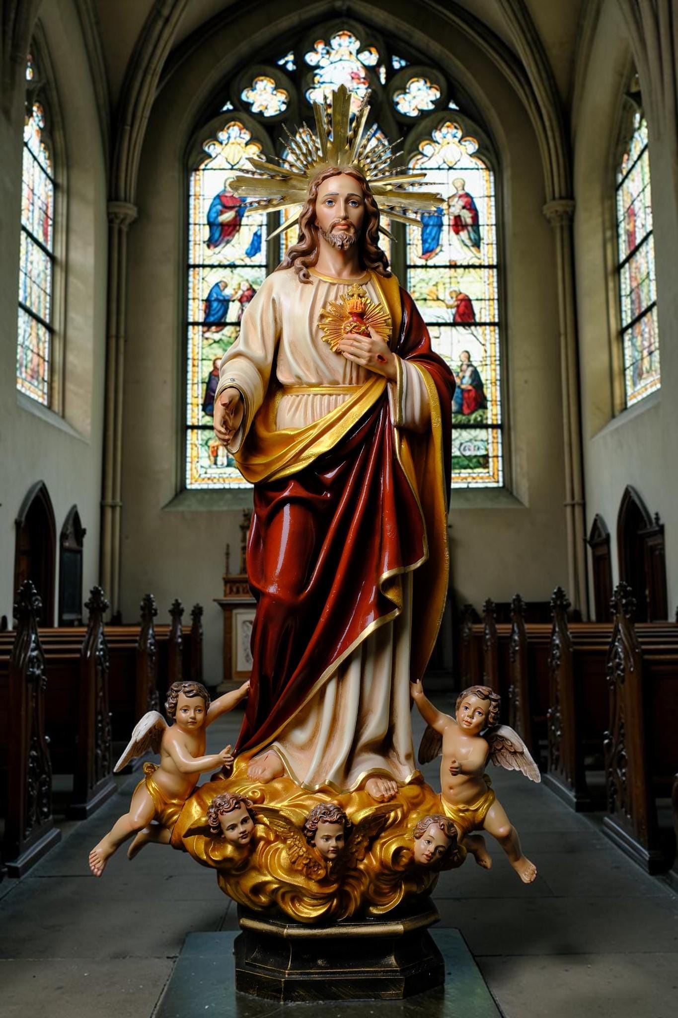 Handmade Sacred Heart of Jesus Statue with Angels – 60 cm Catholic Statue __etsy:8162457046