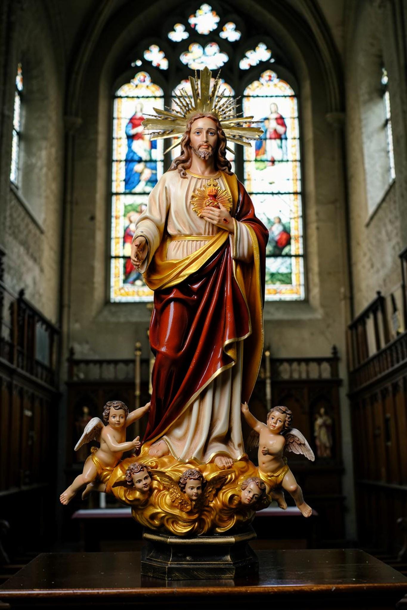 Handmade Sacred Heart of Jesus Statue with Angels – 60 cm Catholic Statue __etsy:8162457118