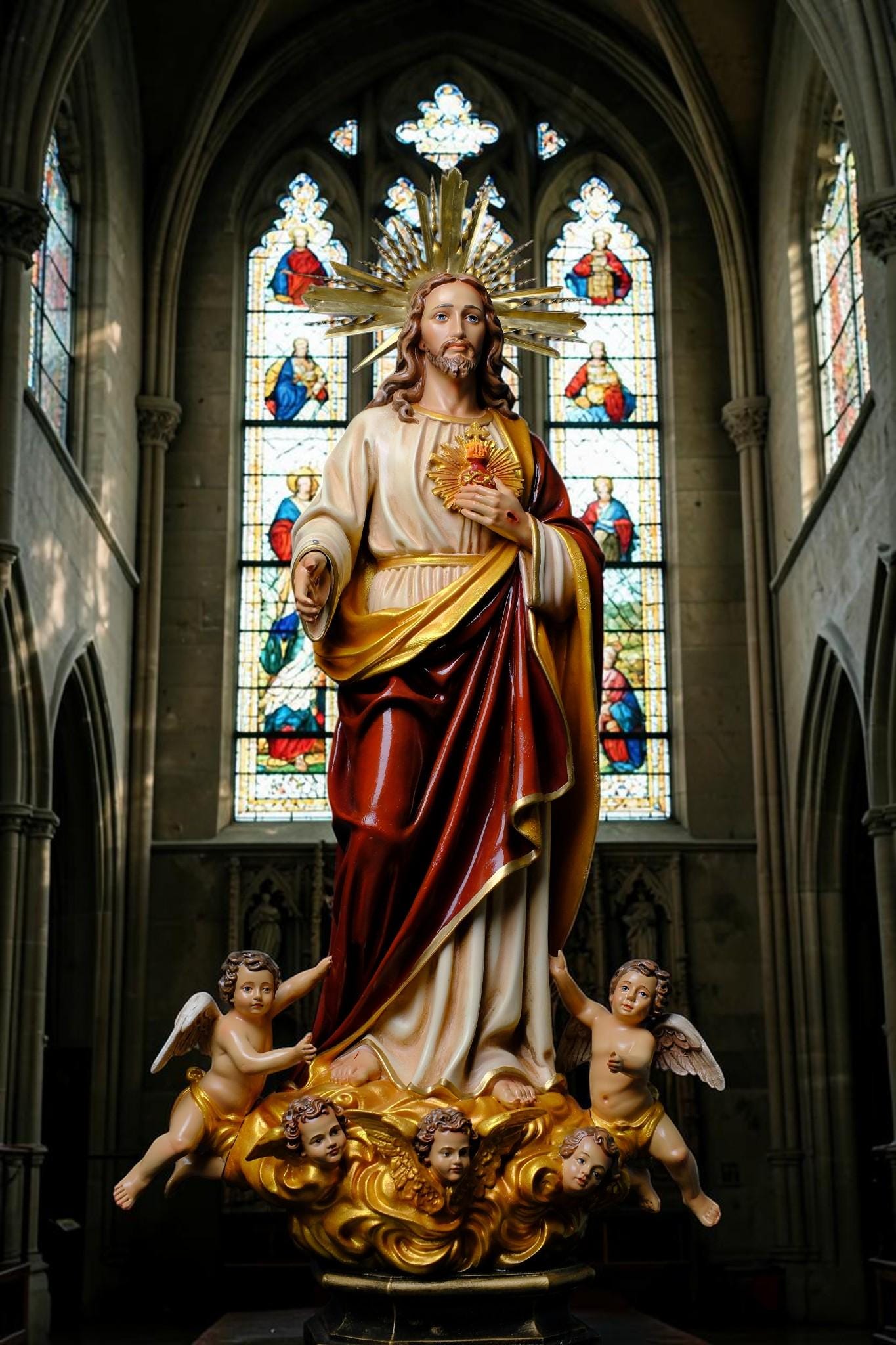 Handmade Sacred Heart of Jesus Statue with Angels – 60 cm Catholic Statue __etsy:8162457124