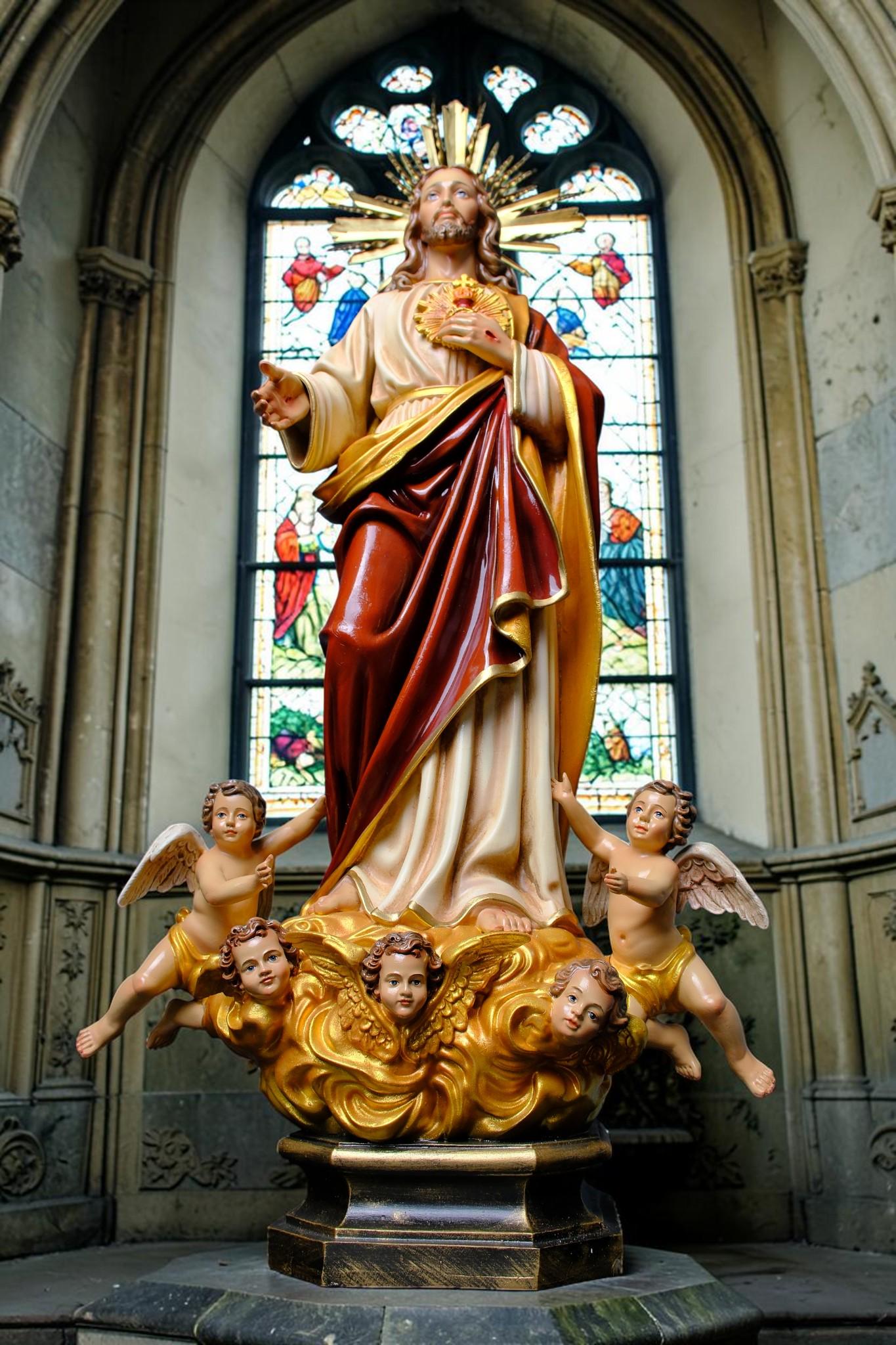 Handmade Sacred Heart of Jesus Statue with Angels – 60 cm Catholic Statue __etsy:8162459354