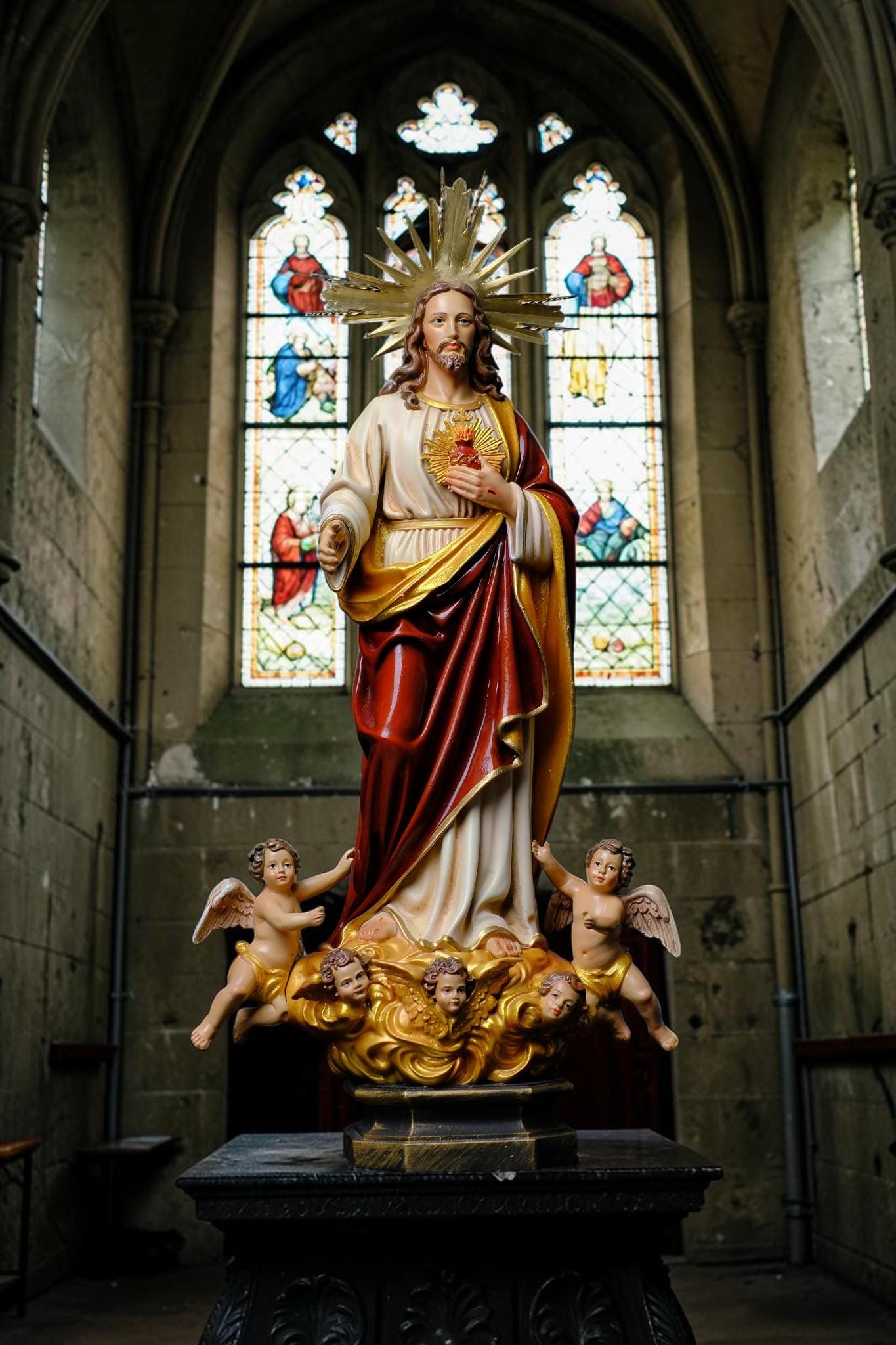 Handmade Sacred Heart Jesus Statue with Angels, Antique Dusty Finish, Stone Resin Altar Decor __etsy:8210263479