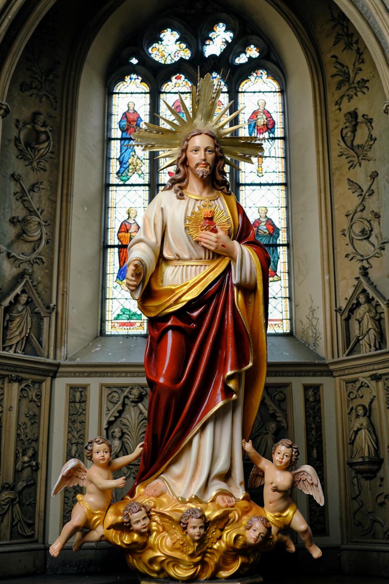 Handmade Sacred Heart Jesus Statue with Angels, Antique Dusty Finish, Stone Resin Altar Decor __etsy:8210263497