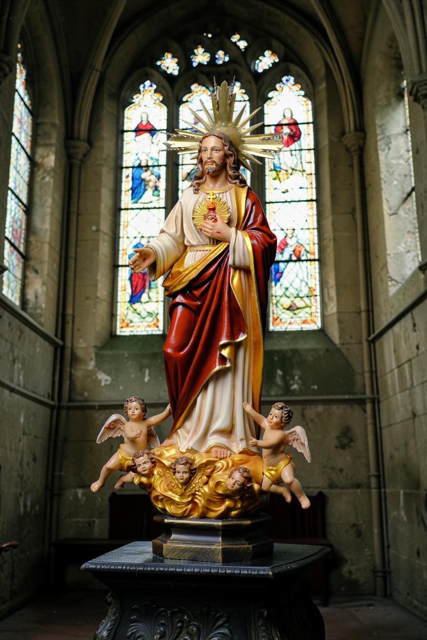 Handmade Sacred Heart Jesus Statue with Angels, Antique Dusty Finish, Stone Resin Altar Decor __etsy:8210263499