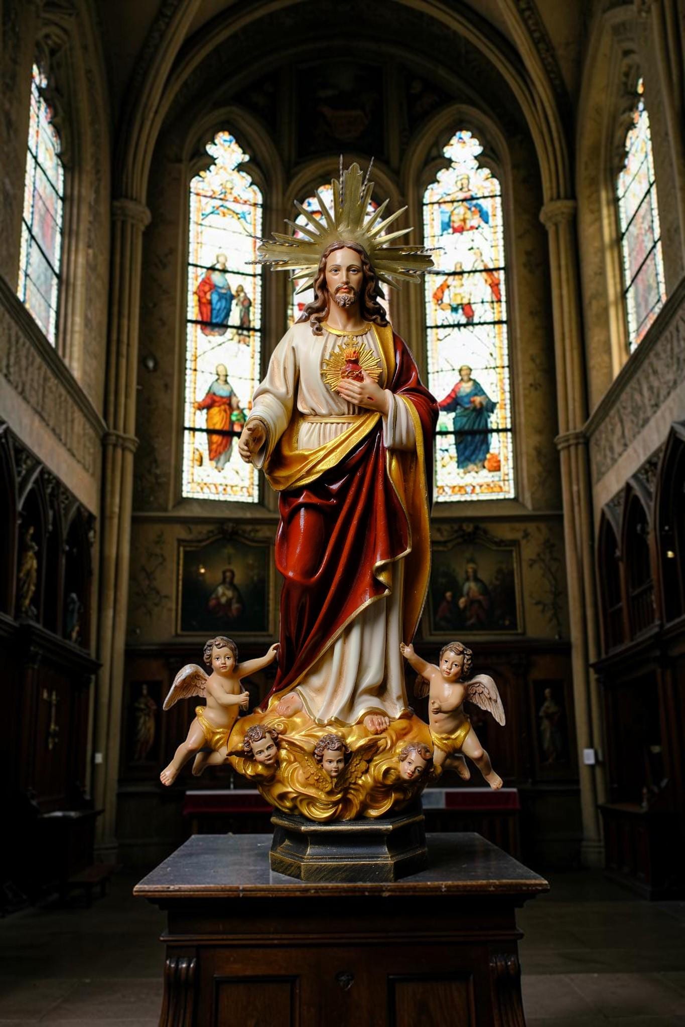 Handmade Sacred Heart of Jesus Statue with Angels – 60 cm Catholic Statue __etsy:8210379975