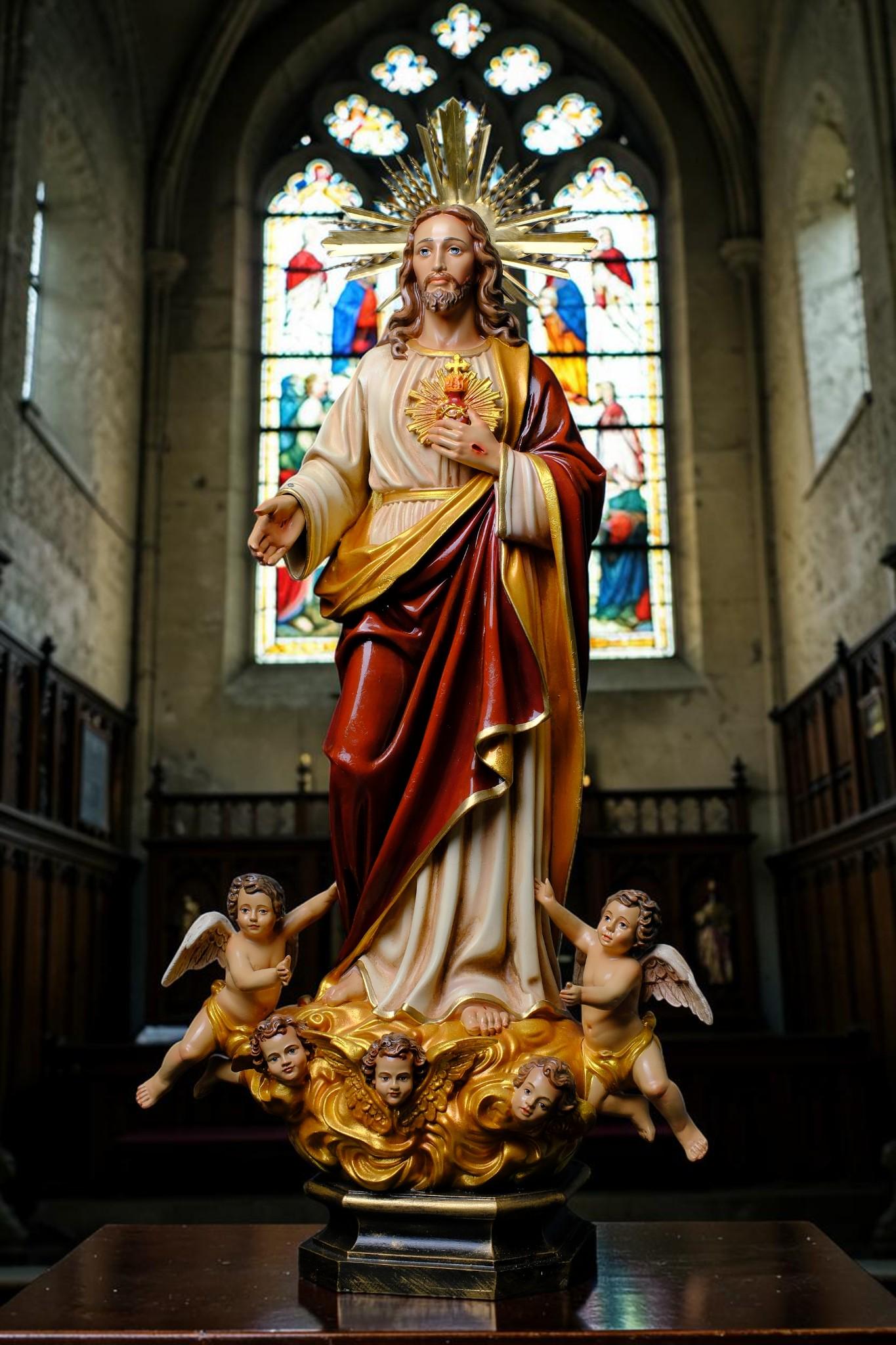 Handmade Sacred Heart of Jesus Statue with Angels – 60 cm Catholic Statue __etsy:8210384531