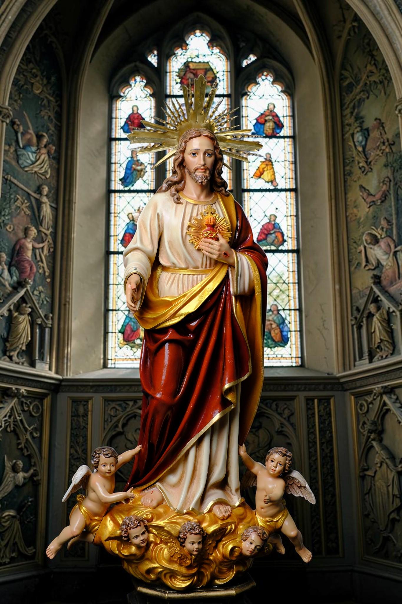 Handmade Sacred Heart of Jesus Statue with Angels – 60 cm Catholic Statue __etsy:8210384609