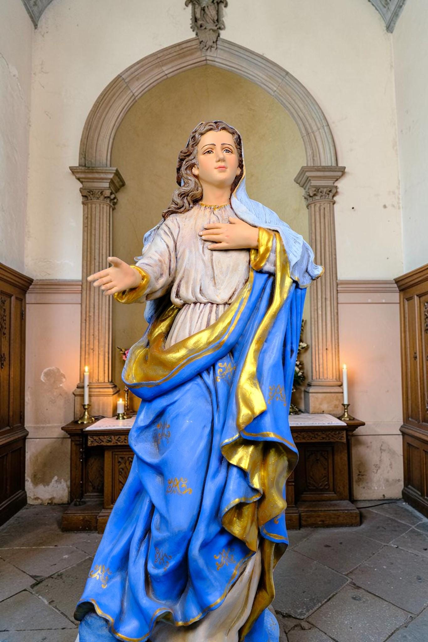 Hand-Painted Assumption of Mary Statue, Ornate Stone Resin Catholic Home Altar Decor, Marian Religious Figurine (50cm)