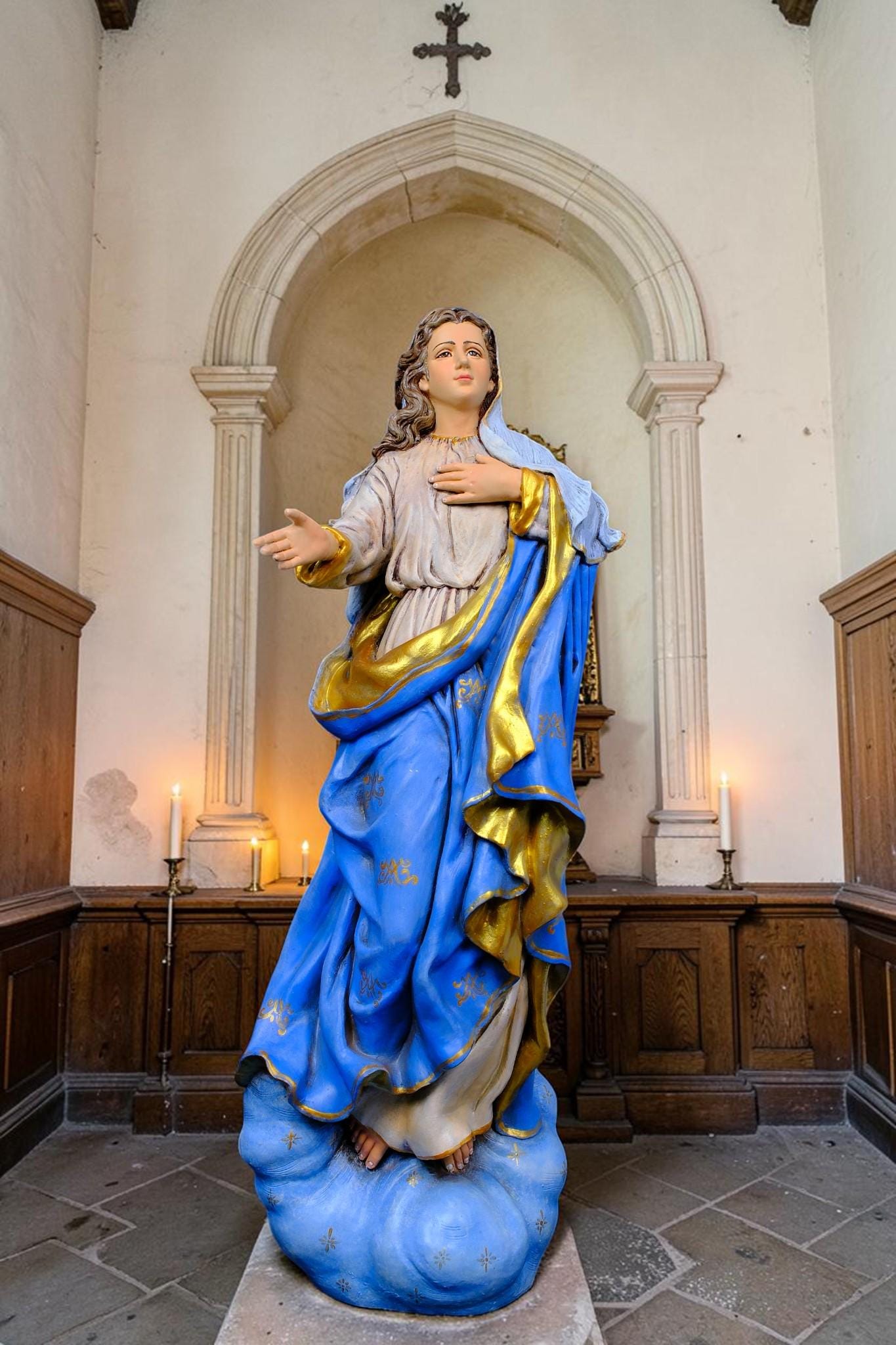 Hand-Painted Assumption of Mary Statue, Ornate Stone Resin Catholic Home Altar Decor, Marian Religious Figurine (50cm)