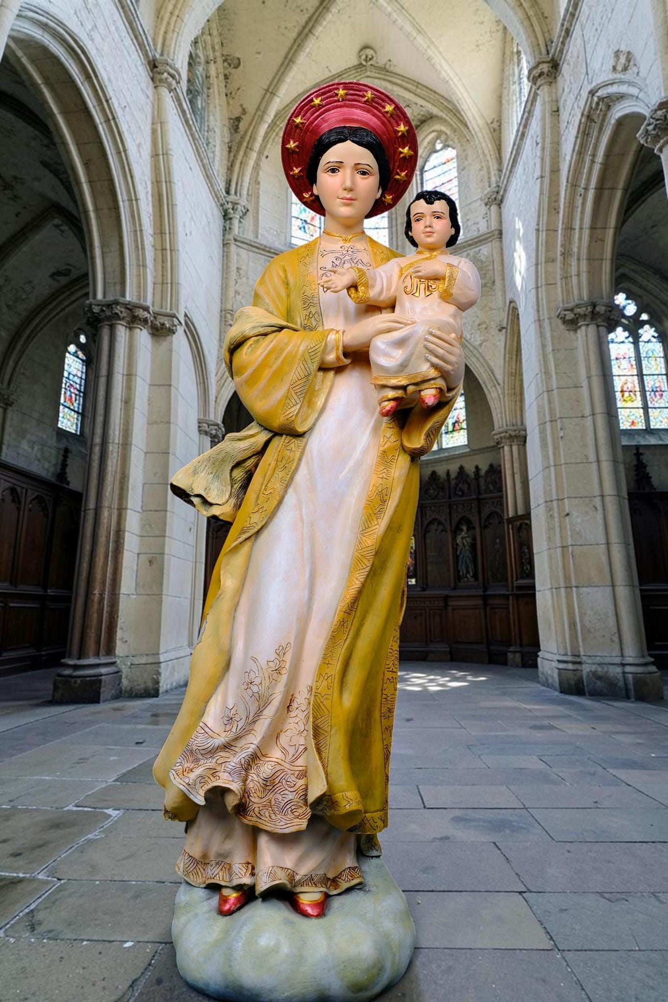Our Lady of La Vang Statue, Hand-Painted Stone Resin Catholic Figurine, Marian Home Altar Decor (60cm)