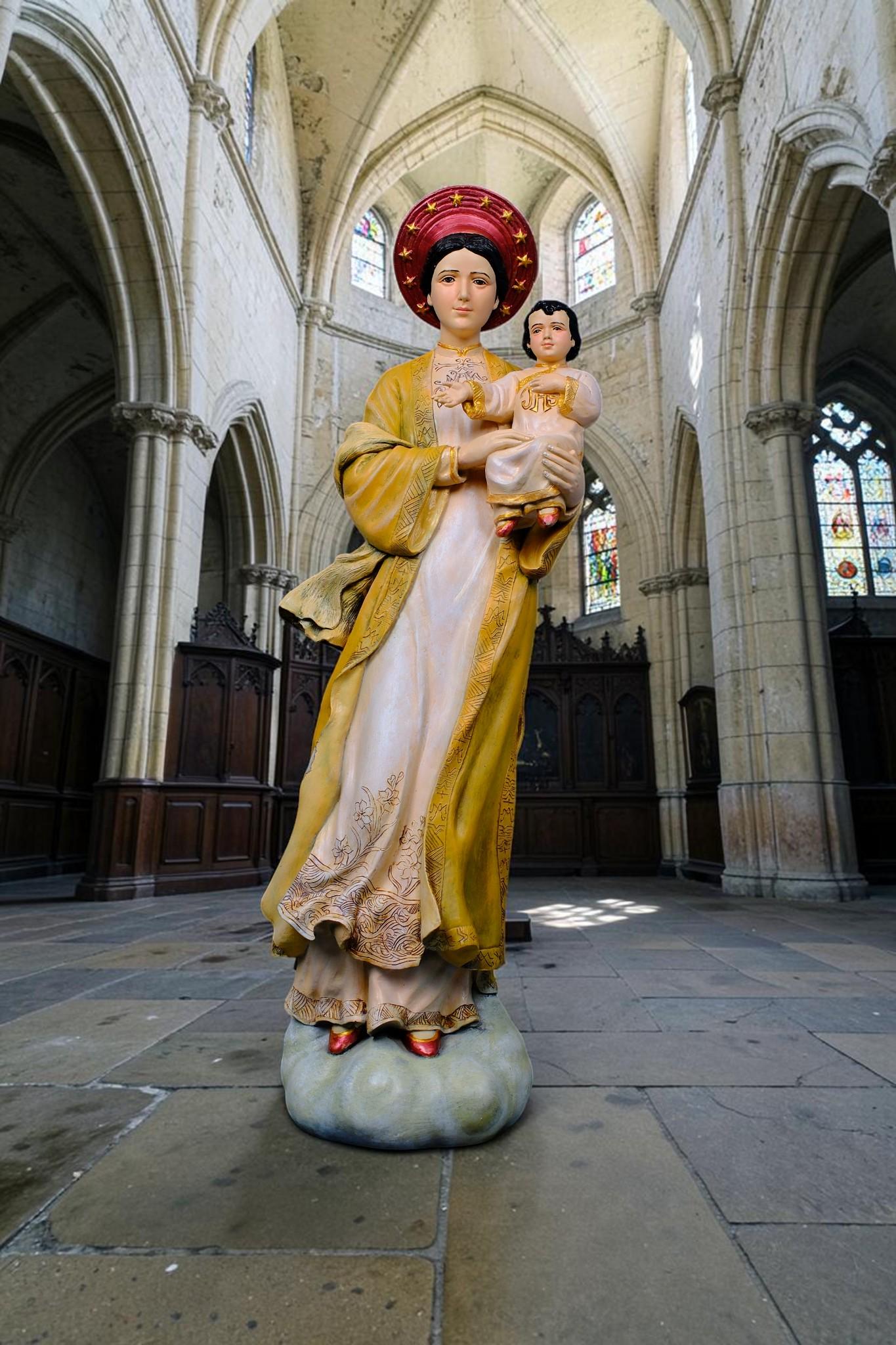 Our Lady of La Vang Statue, Hand-Painted Stone Resin Catholic Figurine, Marian Home Altar Decor (60cm)