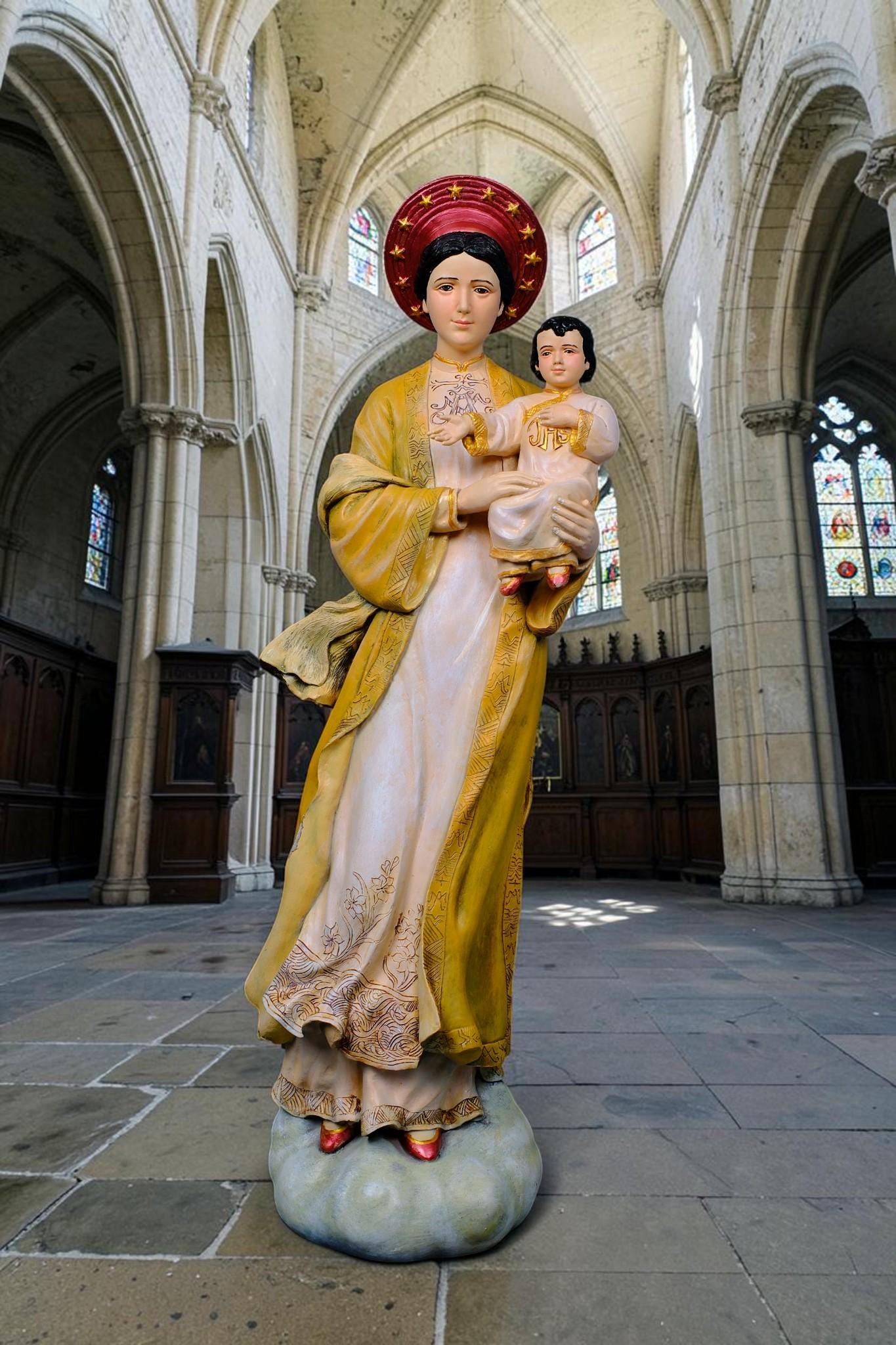 Our Lady of La Vang Statue, Hand-Painted Stone Resin Catholic Figurine, Marian Home Altar Decor (60cm)