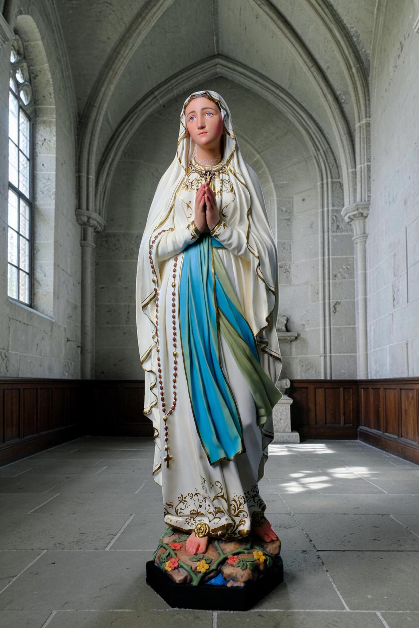 Our Lady of Lourdes Statue, Hand-Painted Stone Resin Catholic Home Altar Decor, Marian Religious Figurine (60cm)