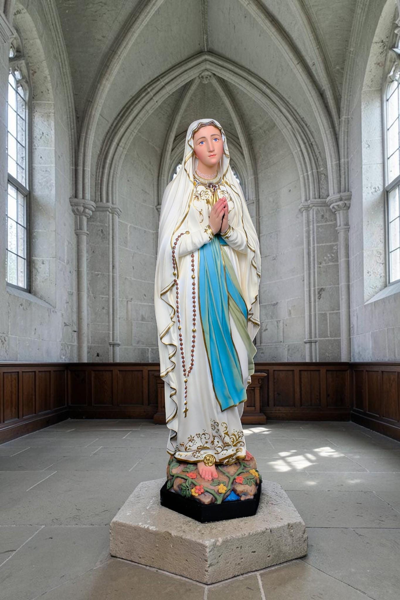 Our Lady of Lourdes Statue, Hand-Painted Stone Resin Catholic Home Altar Decor, Marian Religious Figurine (60cm)