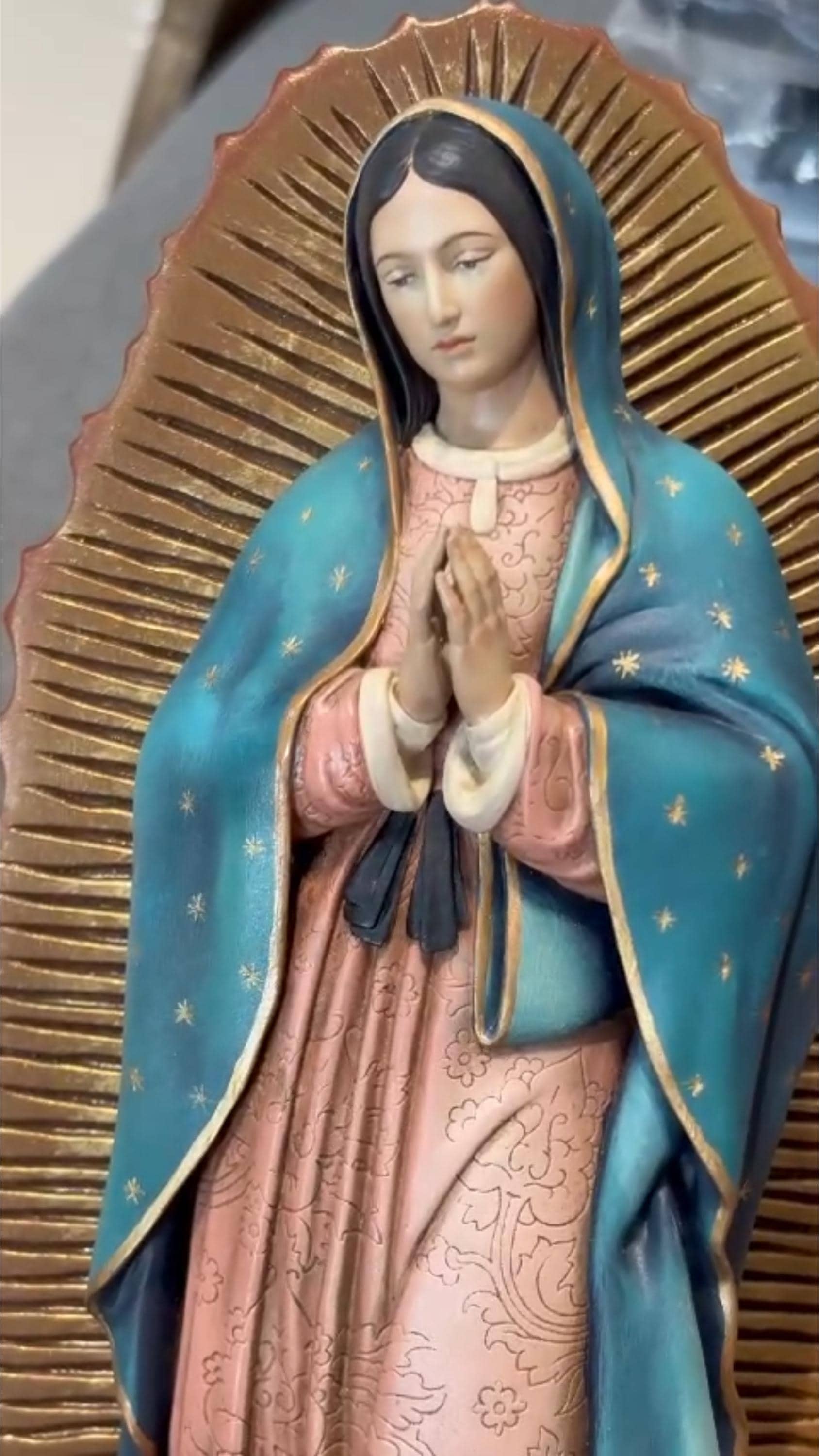 Hand-Painted Our Lady of Guadalupe Statue, Antique Finish Catholic Figurine, Stone Resin Altar Decor