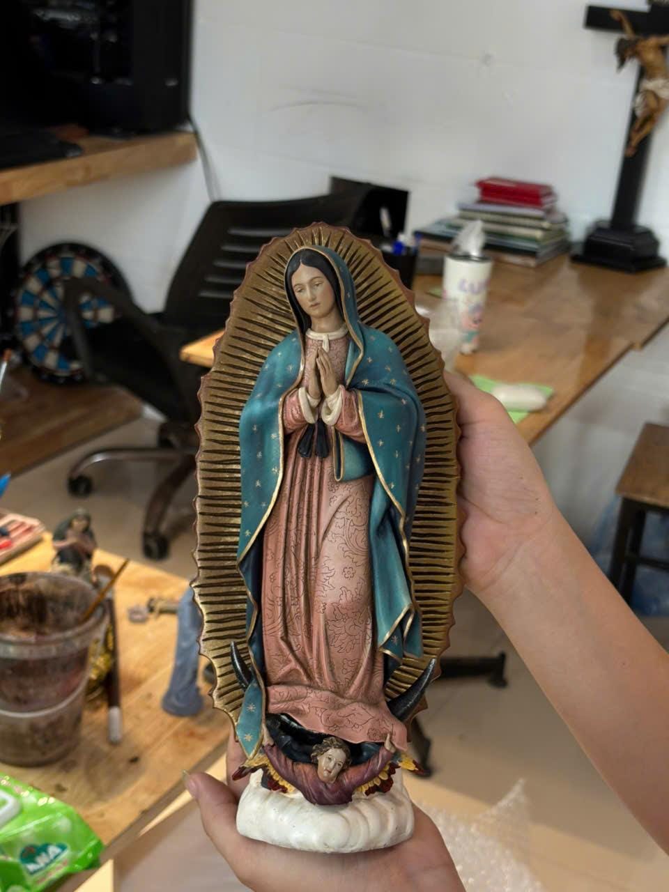 Hand-Painted Our Lady of Guadalupe Statue, Antique Finish Catholic Figurine, Stone Resin Altar Decor