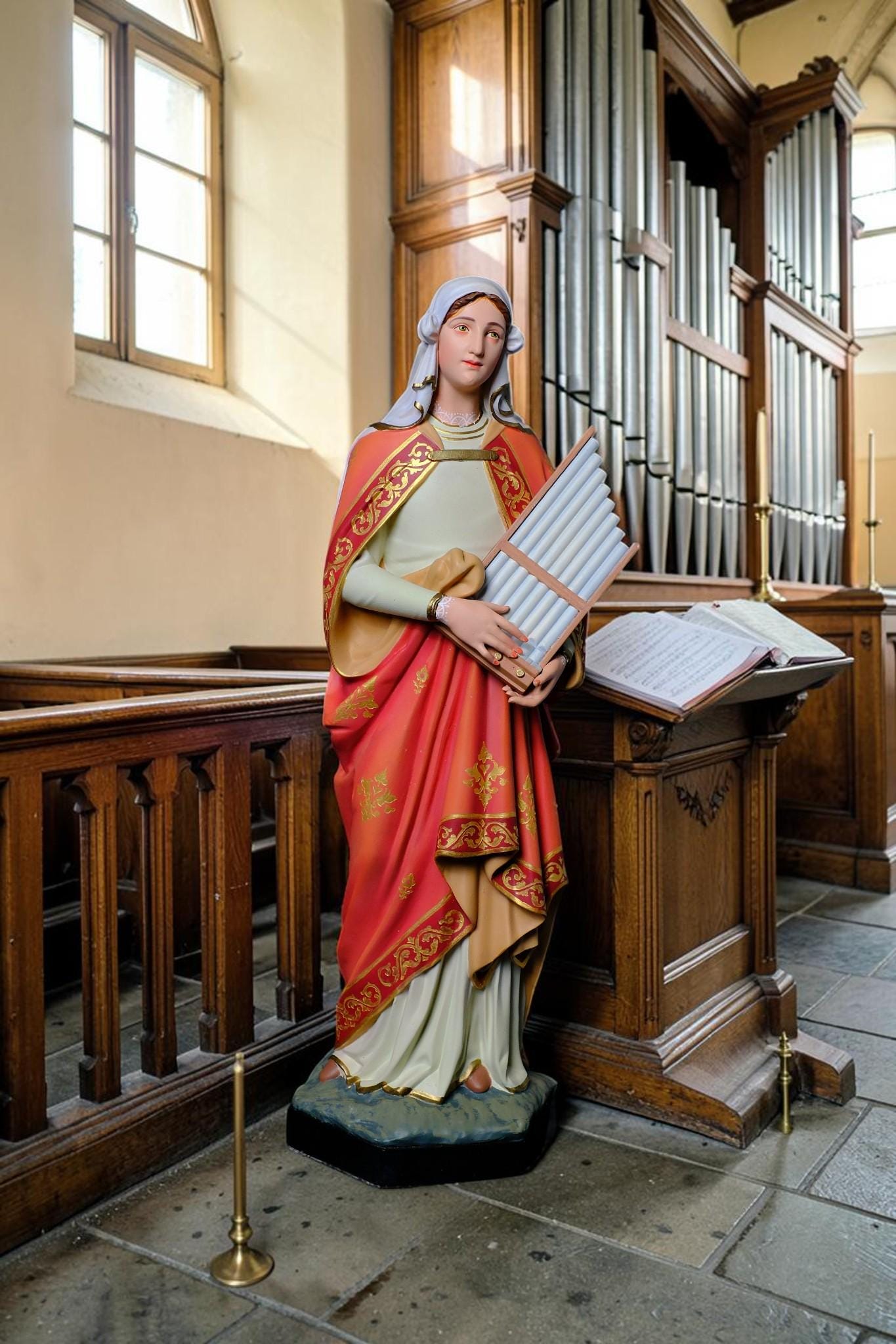 Saint Cecilia Statue, Hand-Painted Stone Resin Catholic Figurine for Home Altar & Music Lovers (40cm)