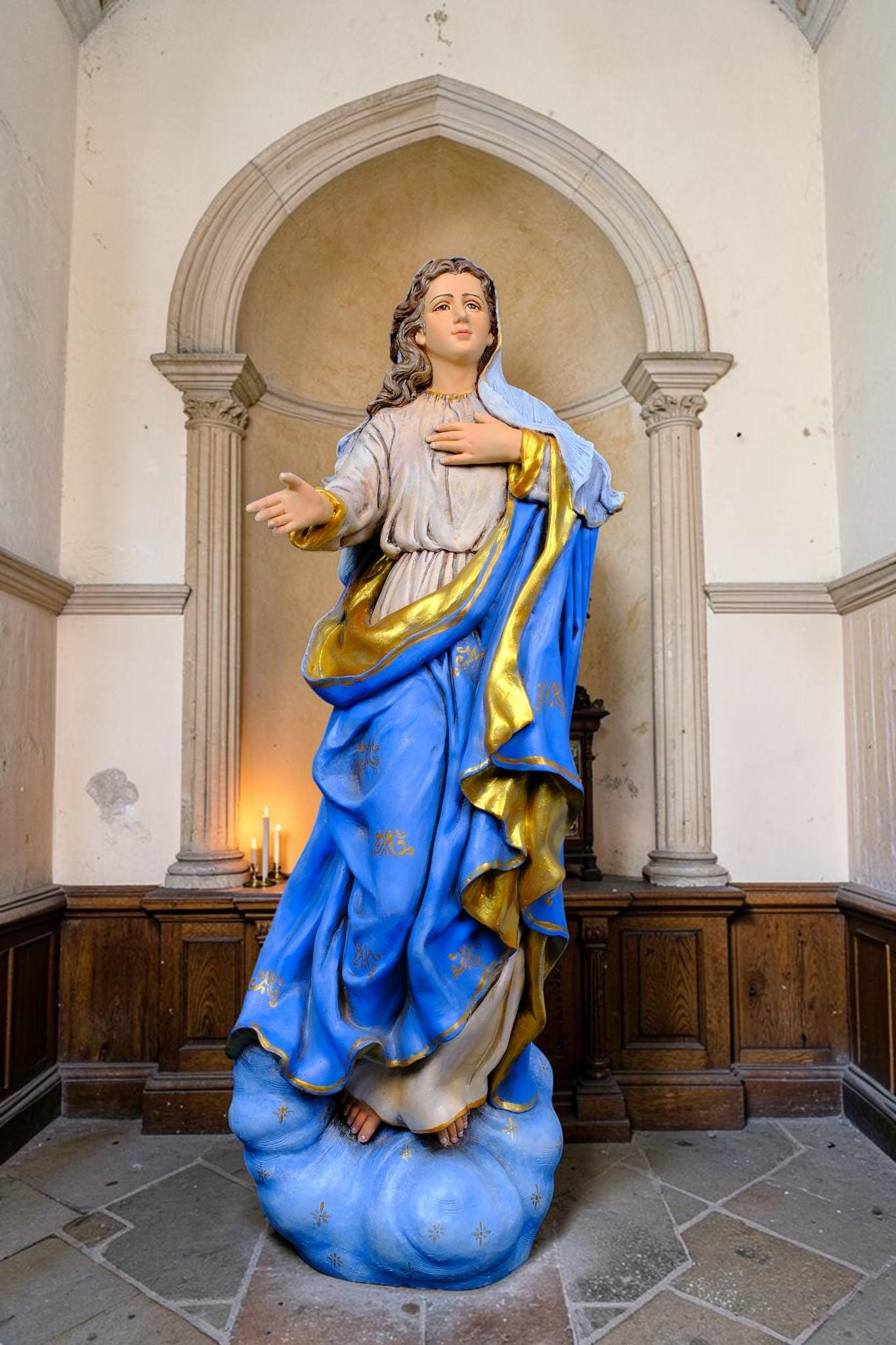 Hand-Painted Assumption of Mary Statue, Ornate Stone Resin Catholic Home Altar Decor, Marian Religious Figurine (50cm)