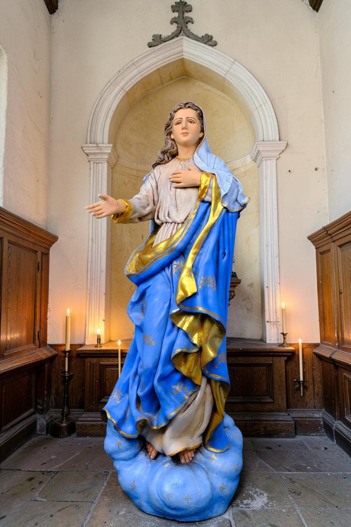 Hand-Painted Assumption of Mary Statue, Ornate Stone Resin Catholic Home Altar Decor, Marian Religious Figurine (50cm)
