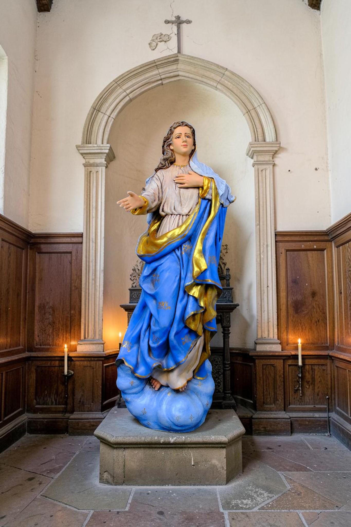 Hand-Painted Assumption of Mary Statue, Ornate Stone Resin Catholic Home Altar Decor, Marian Religious Figurine (50cm)