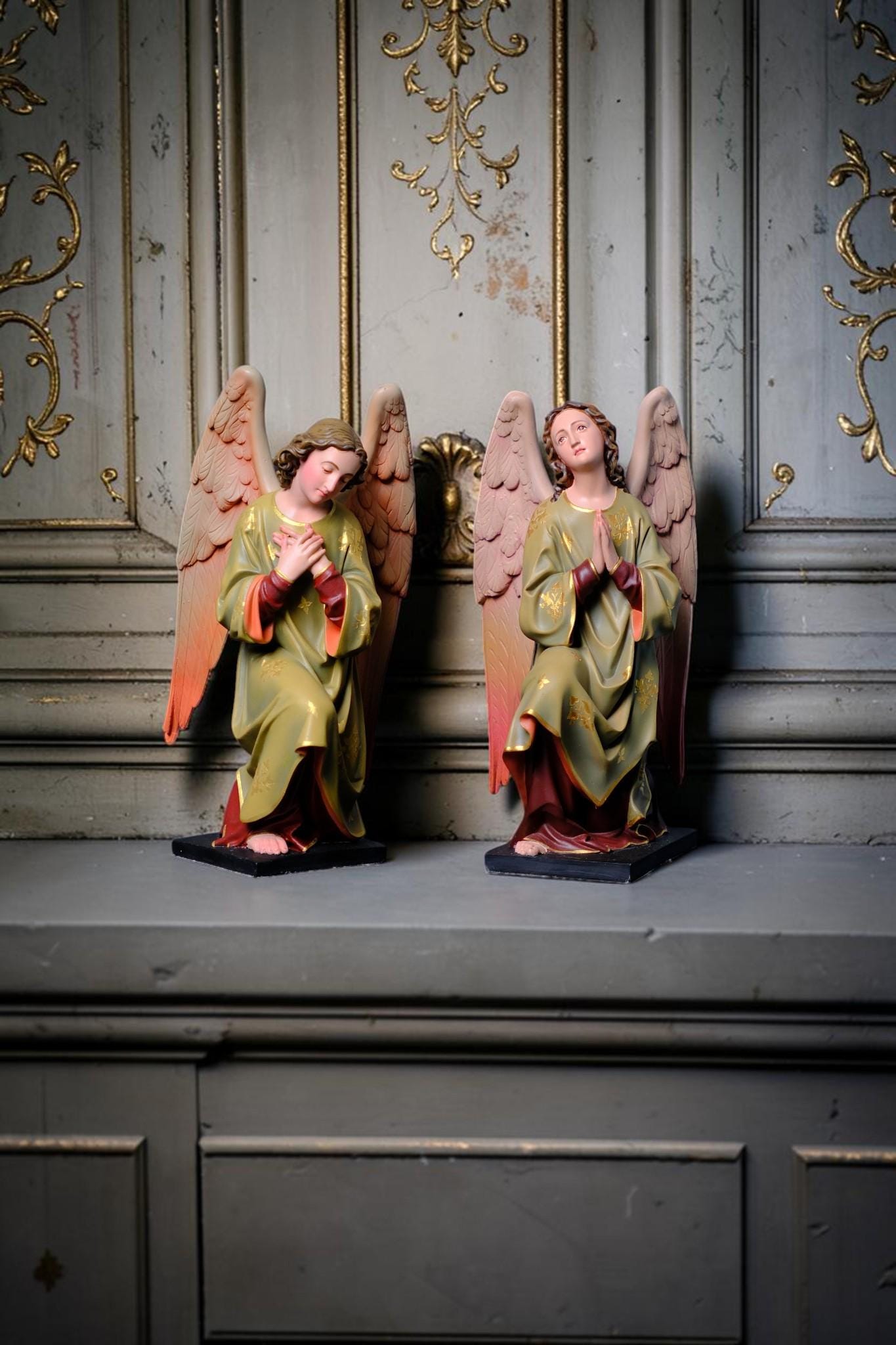 Hand-Painted Kneeling Angel Statues, Catholic Religious Decor, Stone Resin Figurines