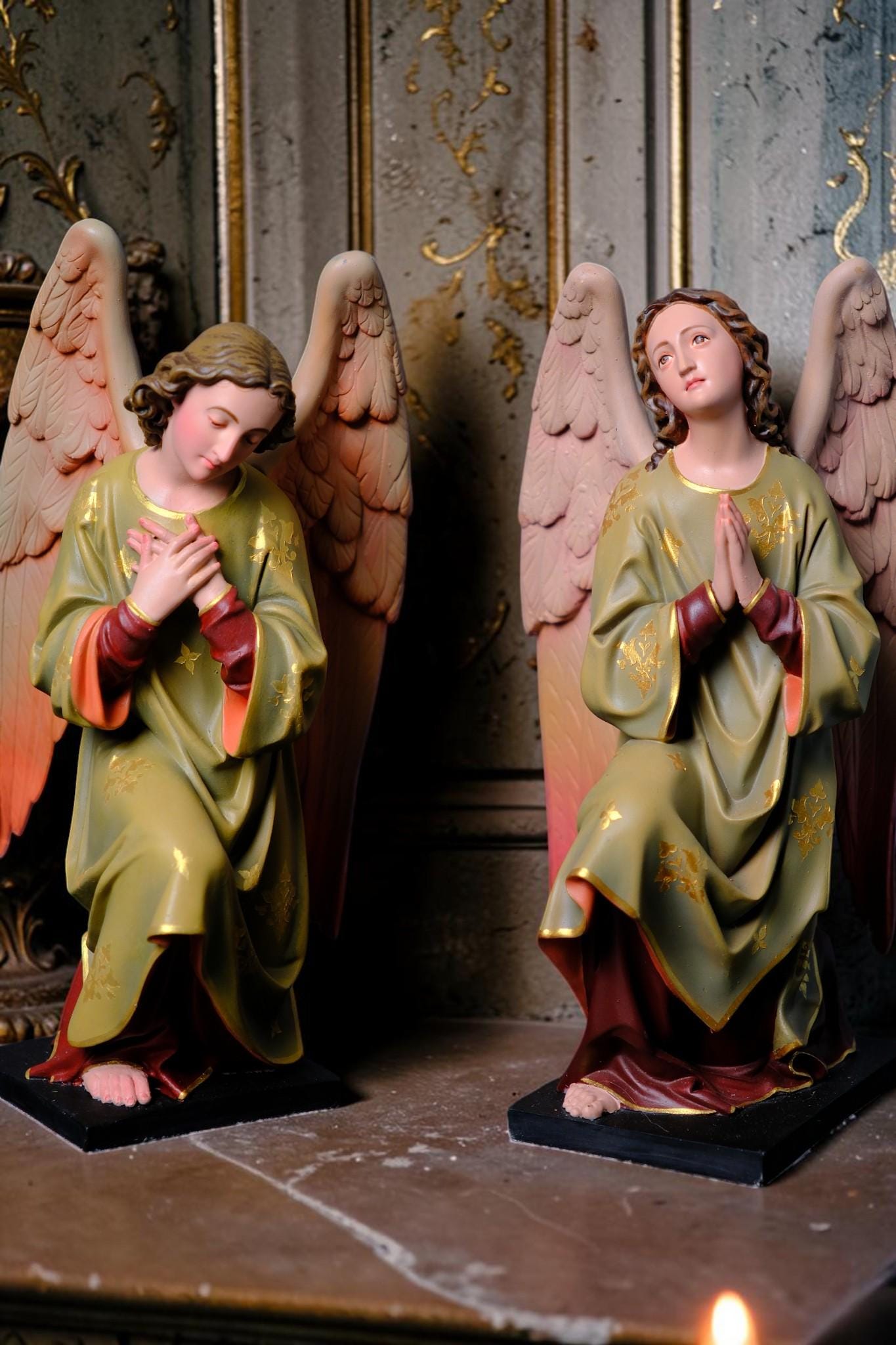 Hand-Painted Kneeling Angel Statues, Catholic Religious Decor, Stone Resin Figurines
