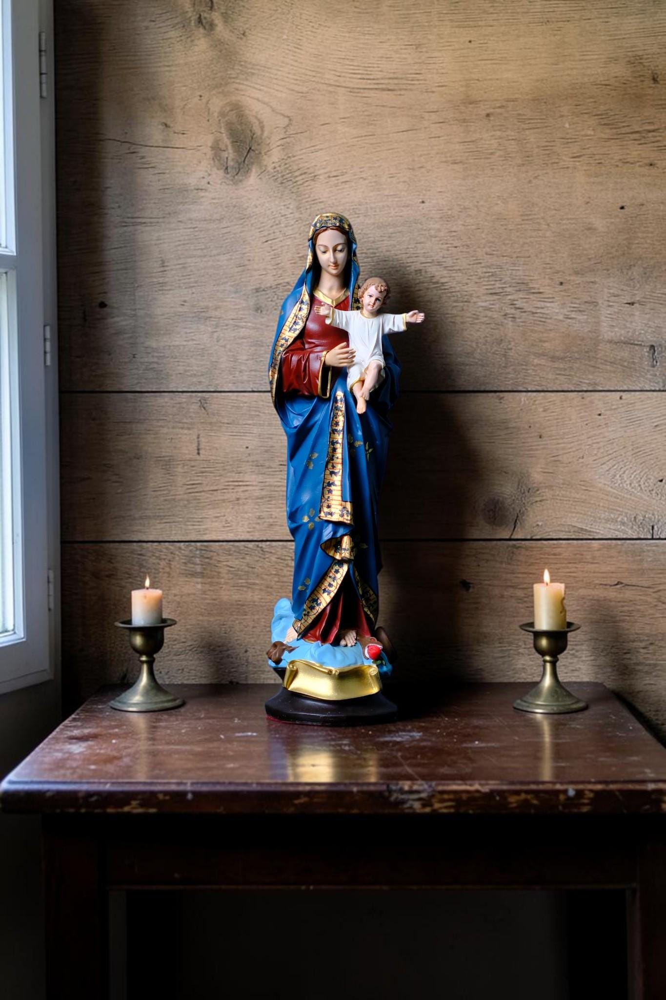 Virgin Mary with Child Jesus Statue Floral Catholic Home Altar Decor
