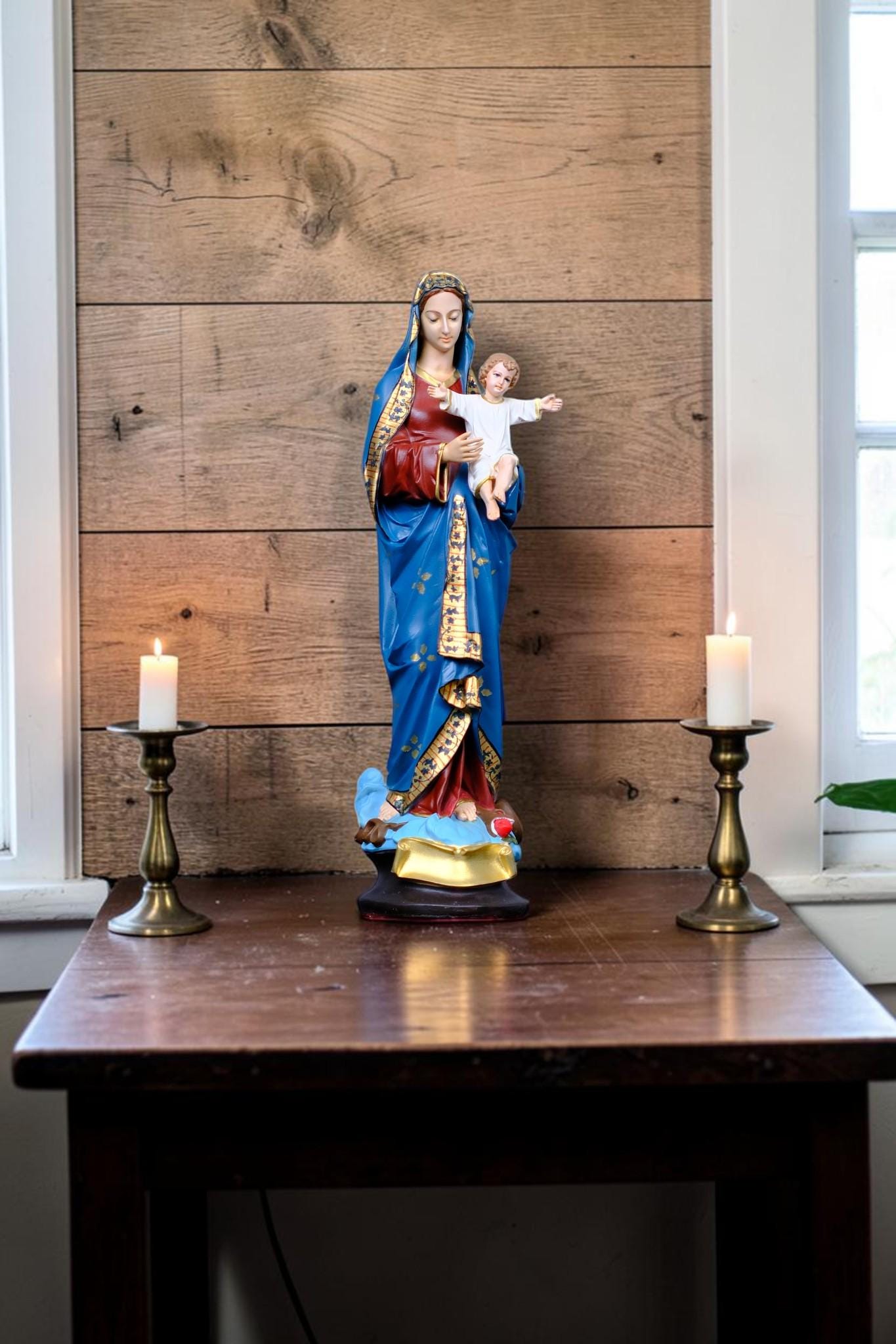 Virgin Mary with Child Jesus Statue Floral Catholic Home Altar Decor