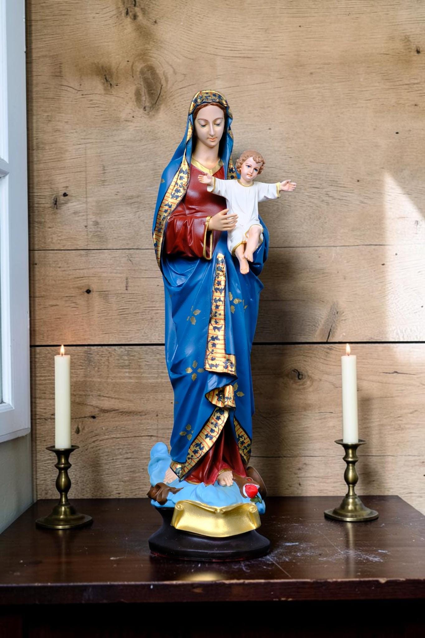 Virgin Mary with Child Jesus Statue Floral Catholic Home Altar Decor
