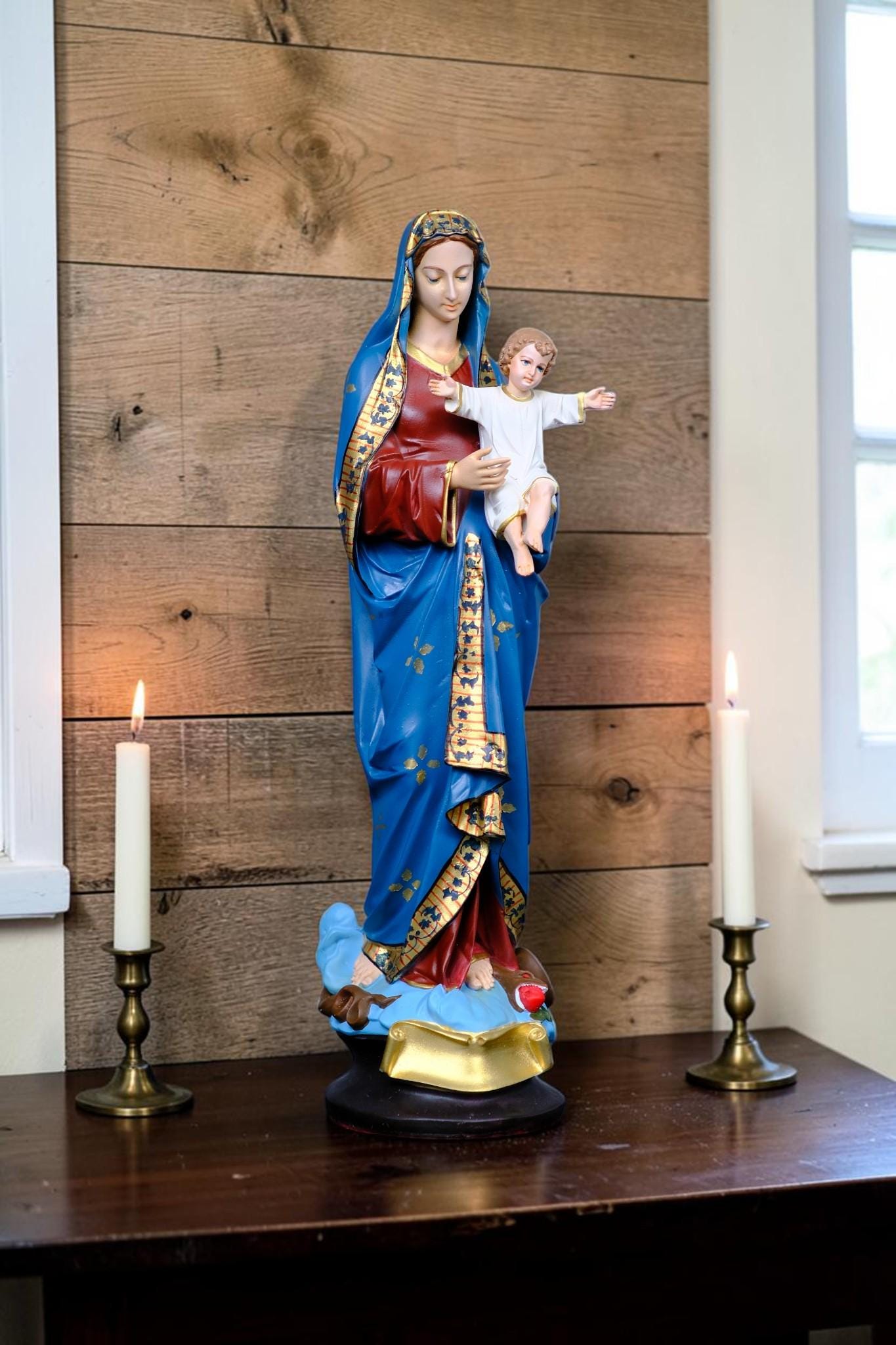 Virgin Mary with Child Jesus Statue Floral Catholic Home Altar Decor