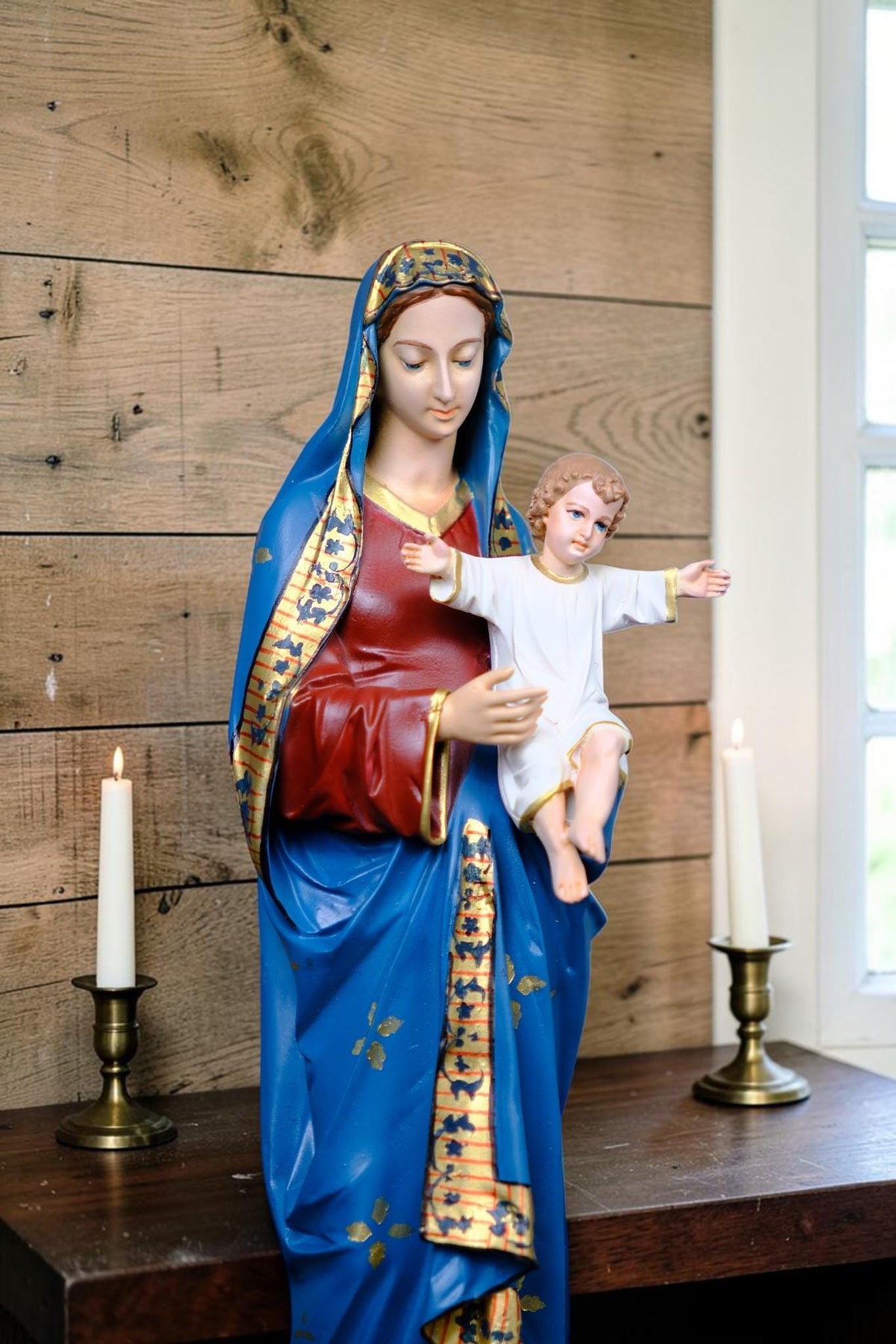 Virgin Mary with Child Jesus Statue Floral Catholic Home Altar Decor