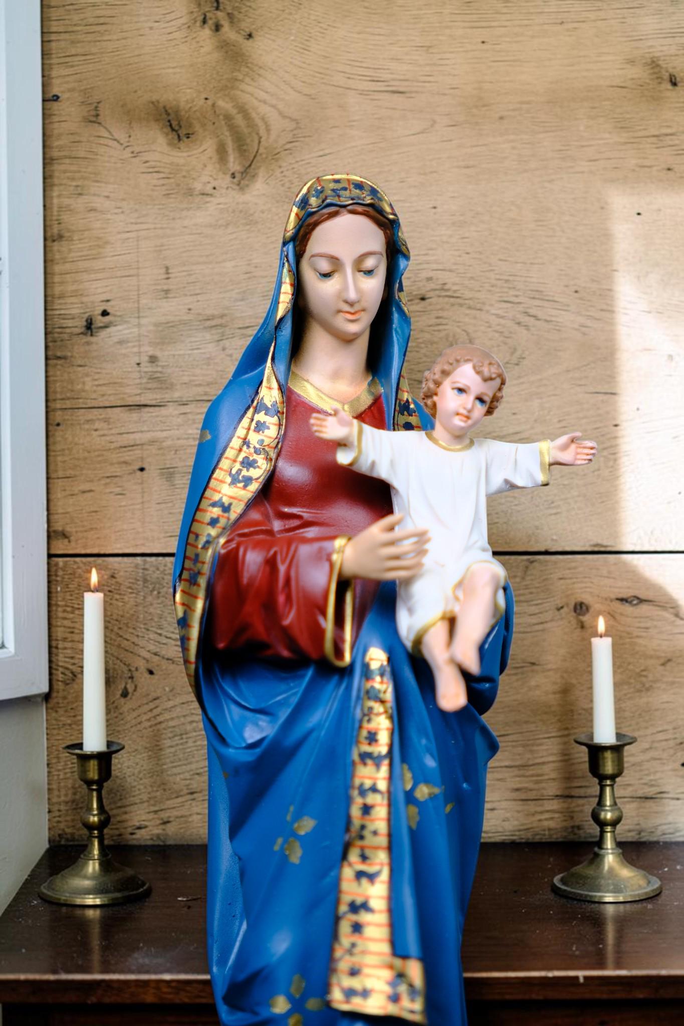 Virgin Mary with Child Jesus Statue Floral Catholic Home Altar Decor