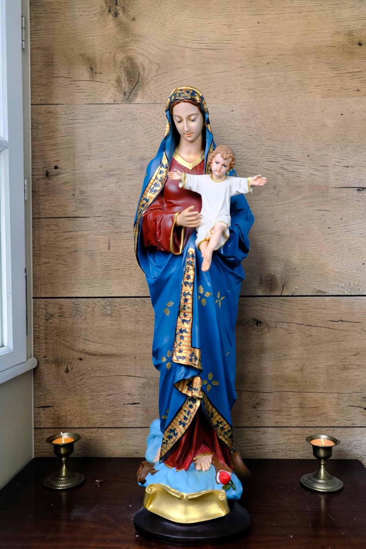 Virgin Mary with Child Jesus Statue Floral Catholic Home Altar Decor