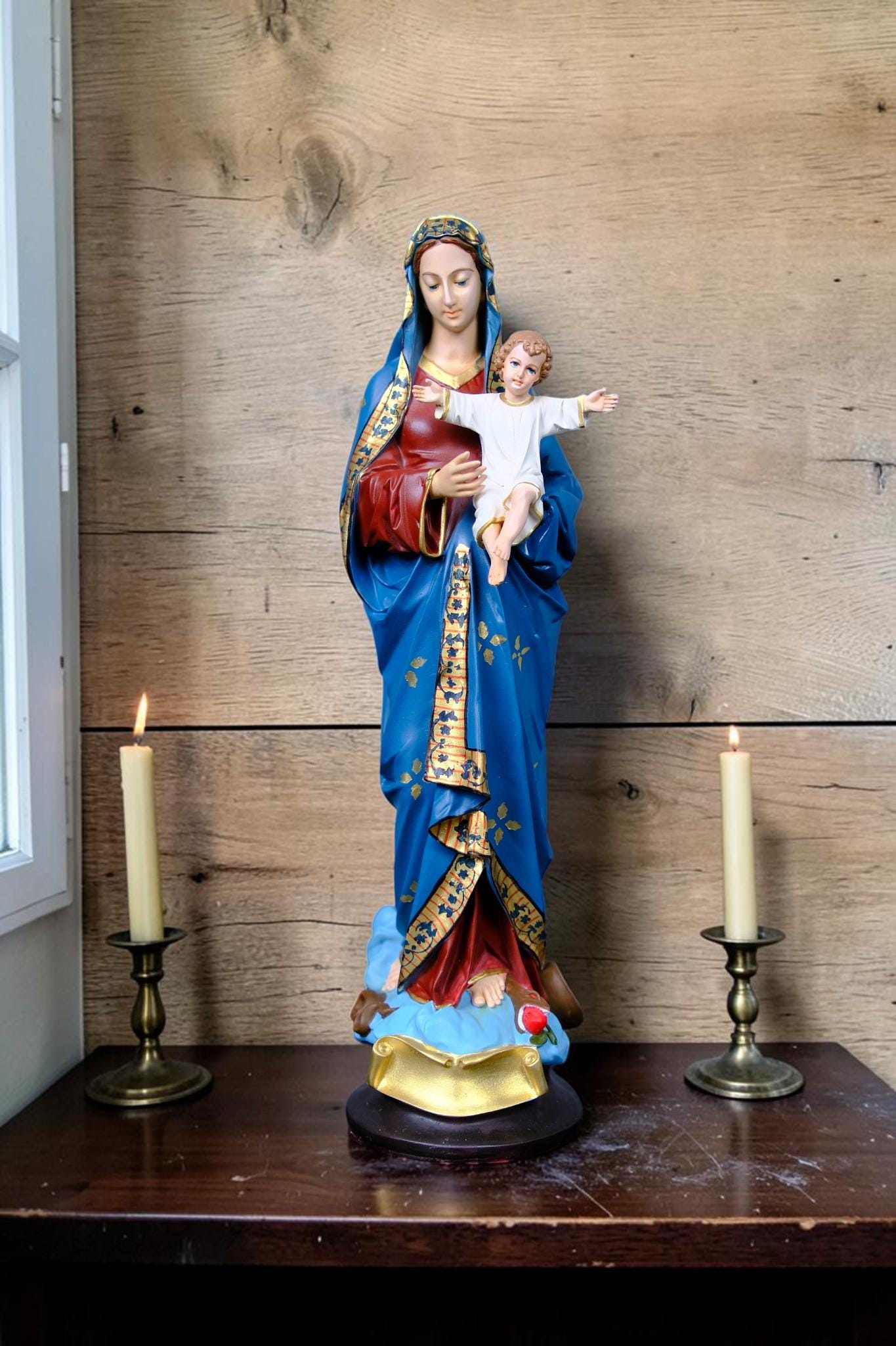 Virgin Mary with Child Jesus Statue Floral Catholic Home Altar Decor