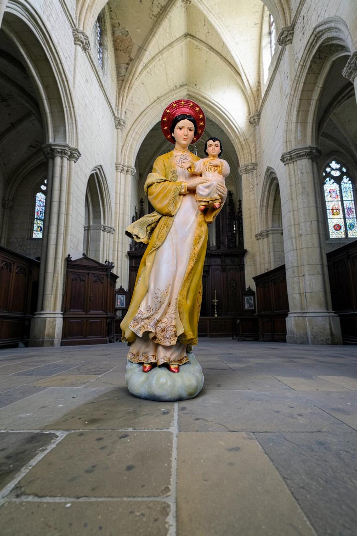 Our Lady of La Vang Statue, Hand-Painted Stone Resin Catholic Figurine, Marian Home Altar Decor (60cm)