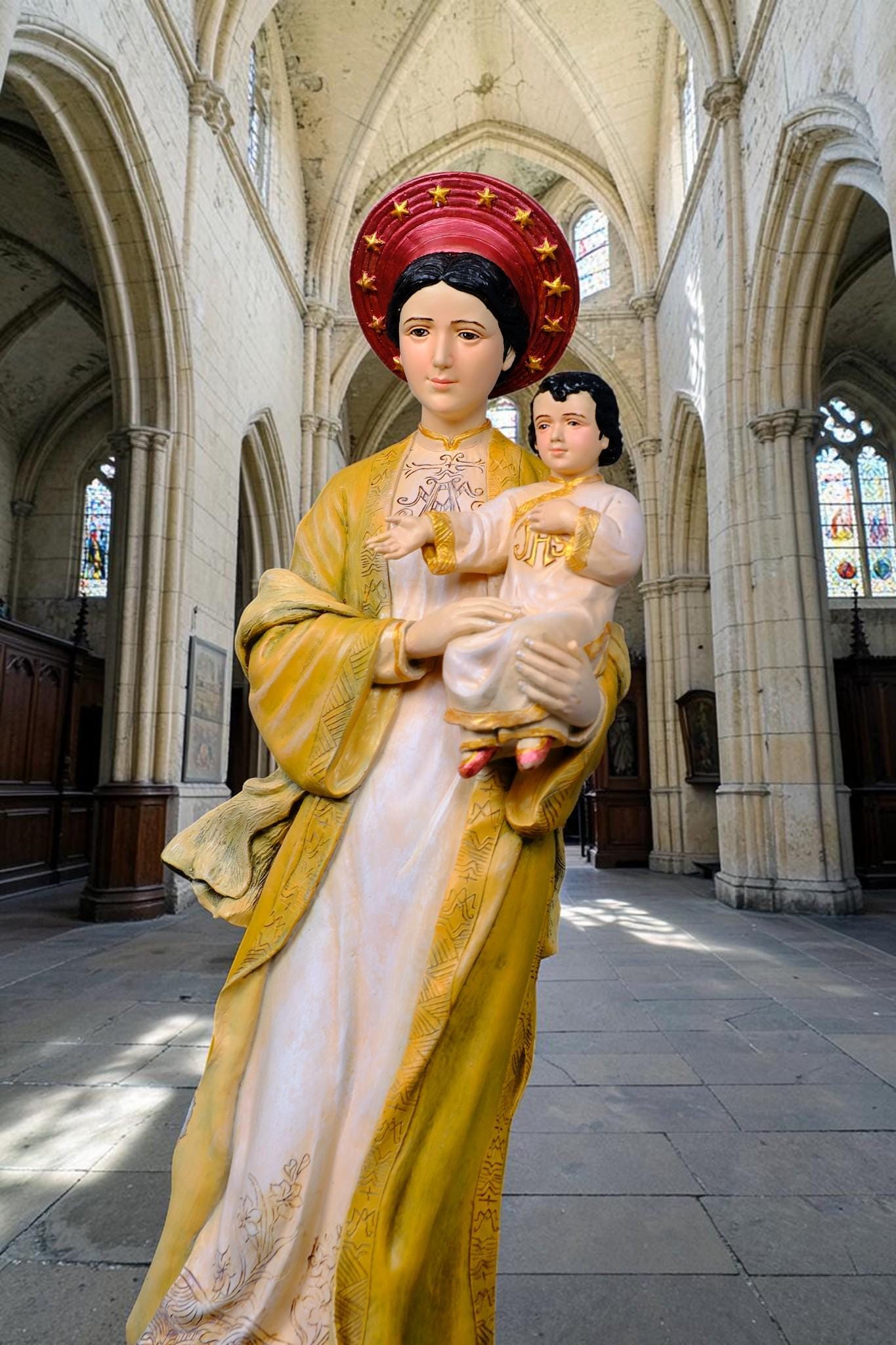 Our Lady of La Vang Statue, Hand-Painted Stone Resin Catholic Figurine, Marian Home Altar Decor (60cm)
