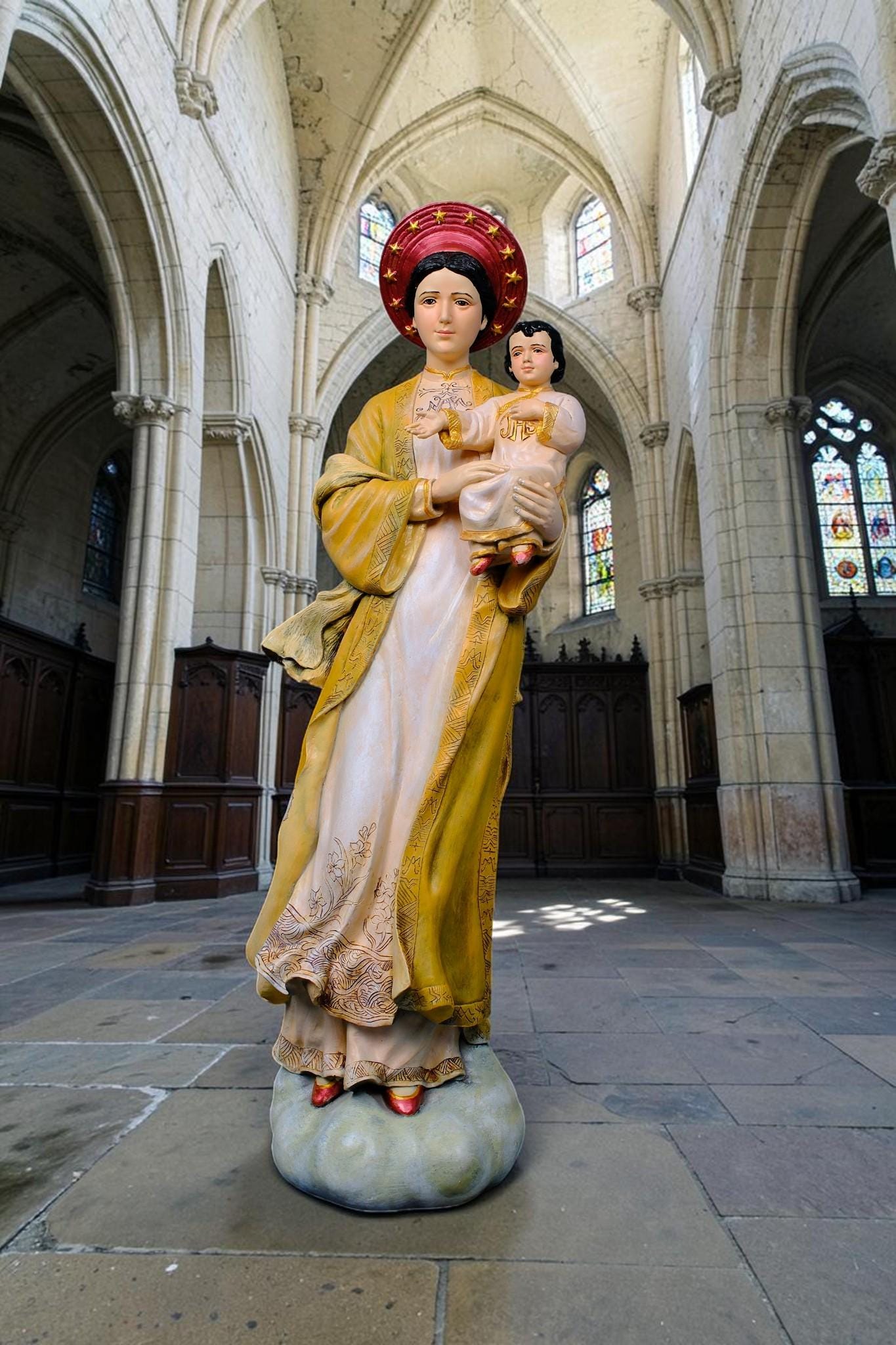 Our Lady of La Vang Statue, Hand-Painted Stone Resin Catholic Figurine, Marian Home Altar Decor (60cm)
