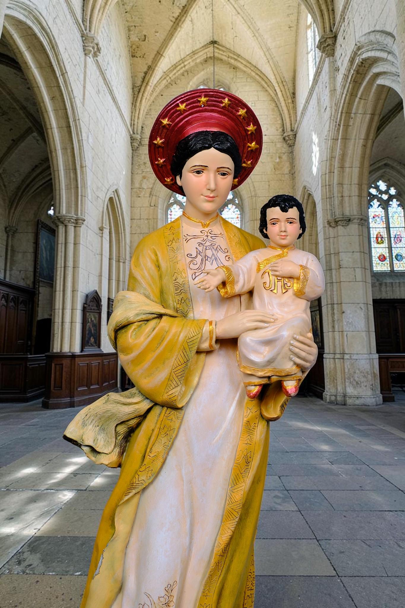 Our Lady of La Vang Statue, Hand-Painted Stone Resin Catholic Figurine, Marian Home Altar Decor (60cm)